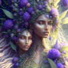 Illustrated portrait of two women with purple flowers and golden jewelry in a mystical forest.