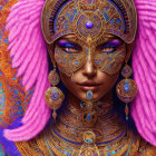 Colorful illustration of woman with purple skin and golden headgear against pink feathers