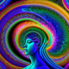 Colorful digital artwork of a woman's profile with psychedelic patterns in blues, greens, and oranges