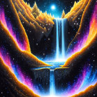 Vibrant cosmic waterfall between celestial cliffs and radiant stars