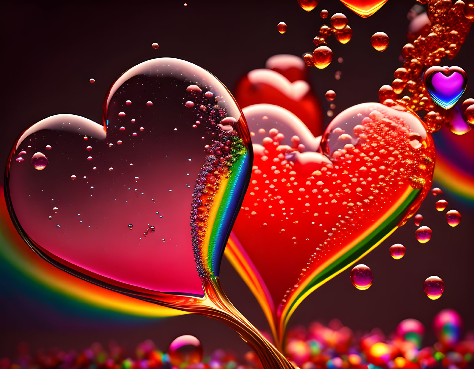 Colorful Heart Shapes on Reflective Dark Background