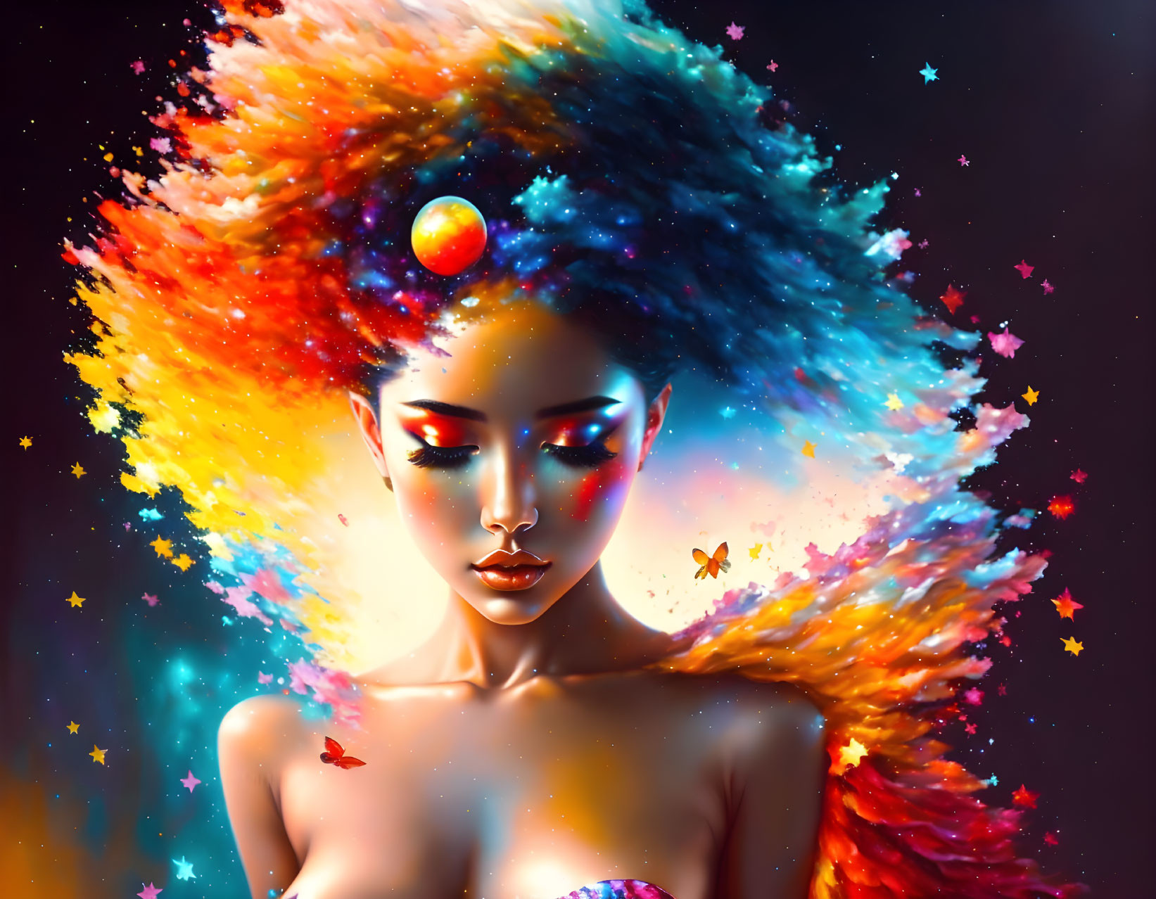 Colorful cosmic hair woman in space-themed digital art