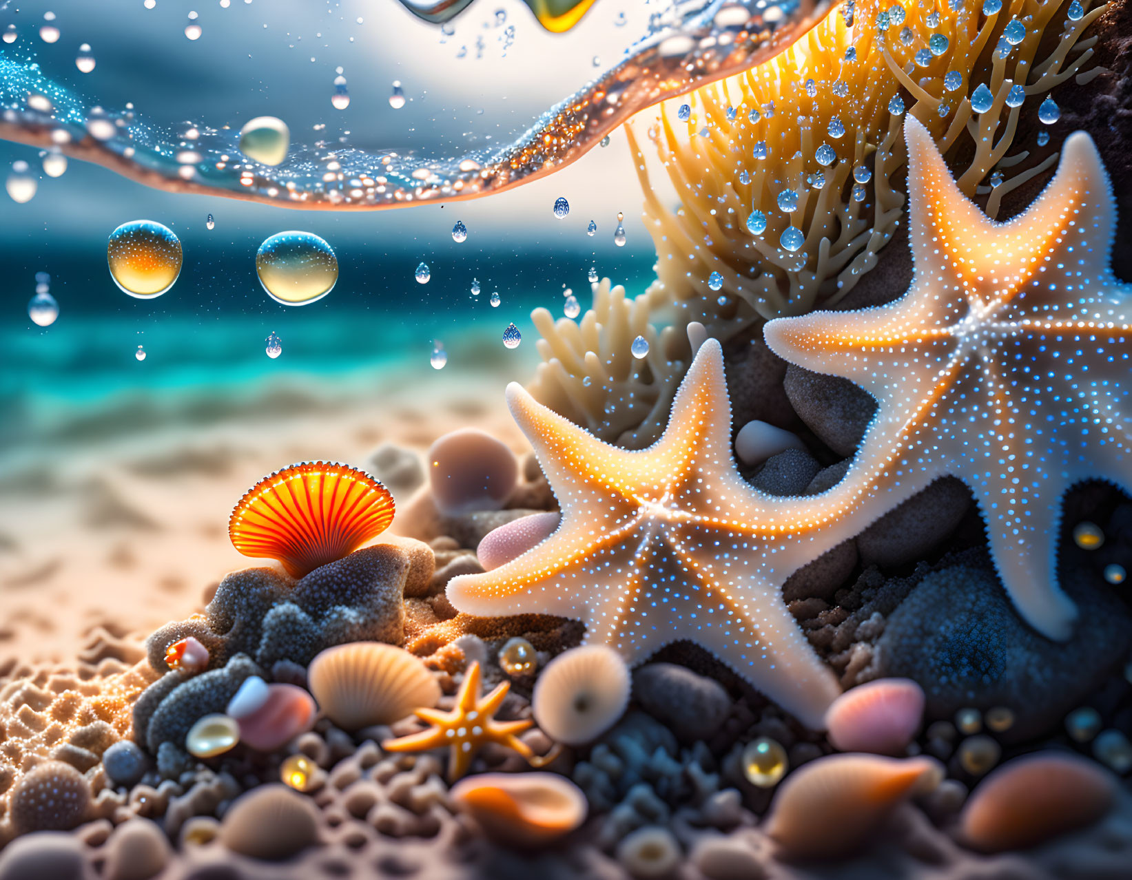 Marine life: Starfish, shells, coral, sunbeams, and bubbles