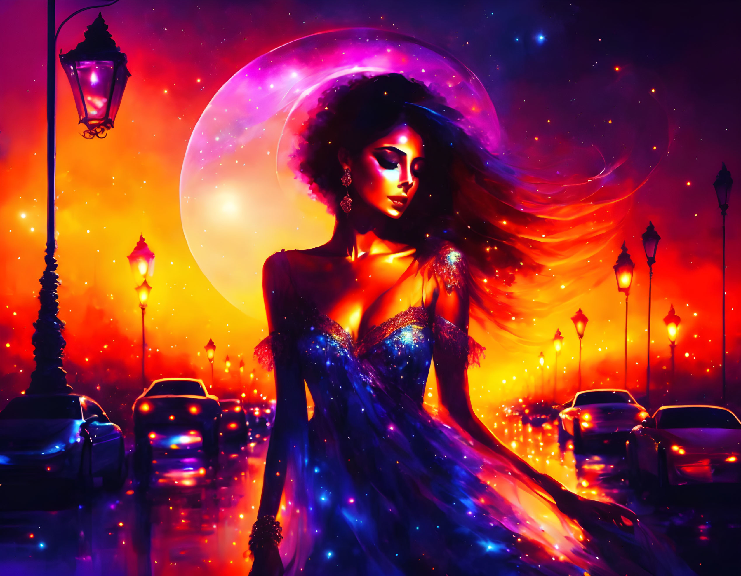 Cosmic-themed digital artwork of a woman in neon-lit street