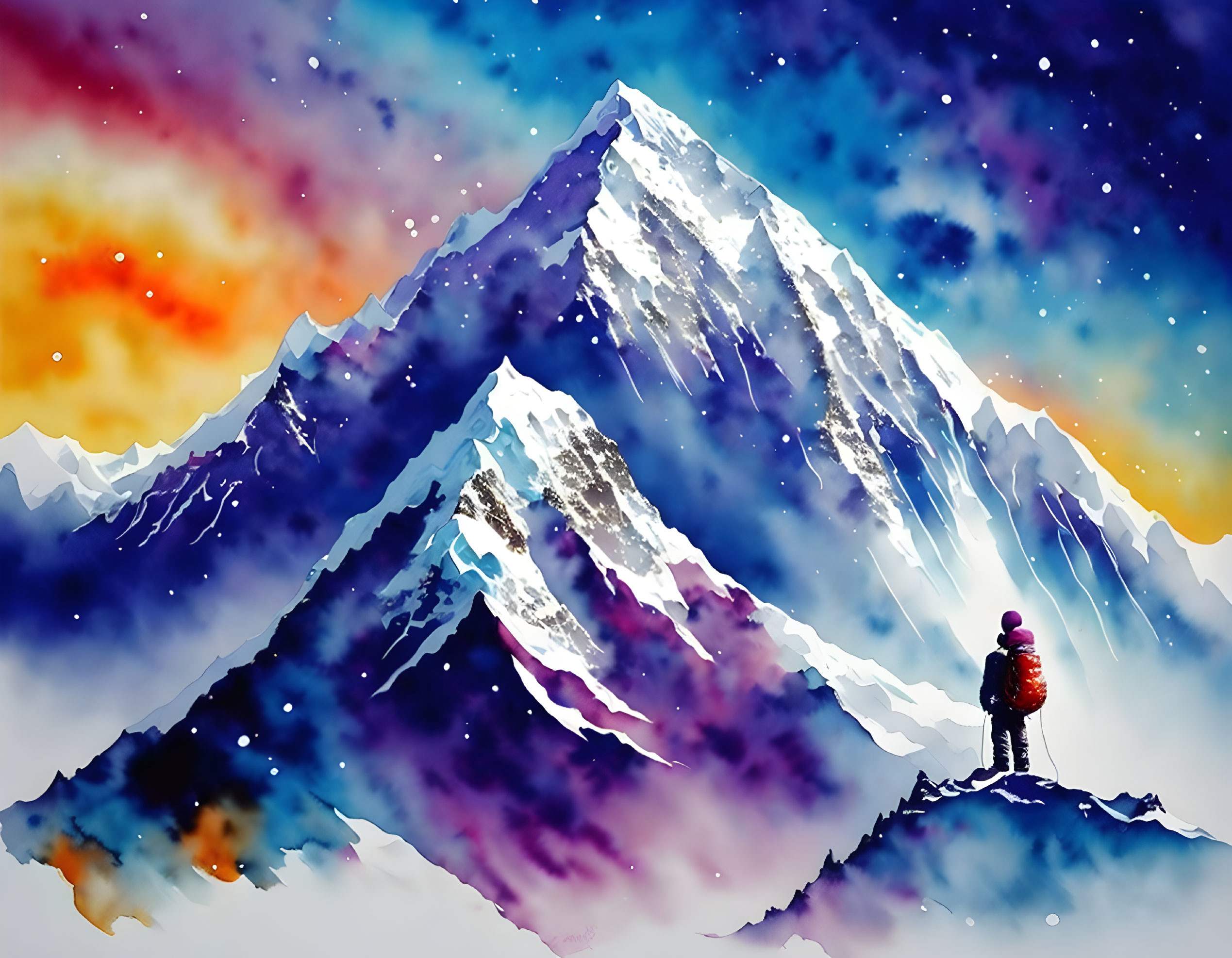 Colorful digital painting of person admiring snow-capped mountain under starry sky