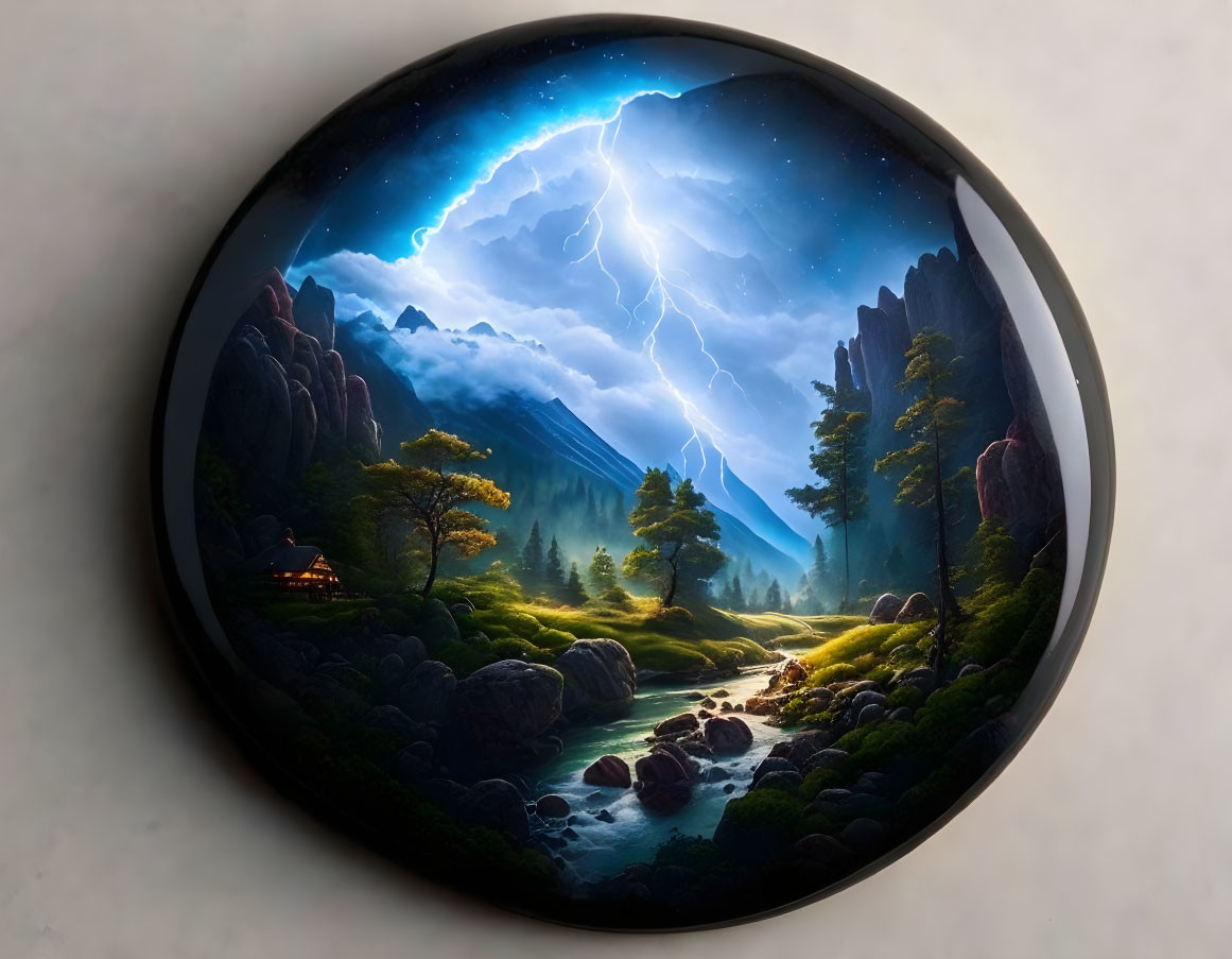 Vivid oval-framed mystical landscape with lightning, river, and cabin