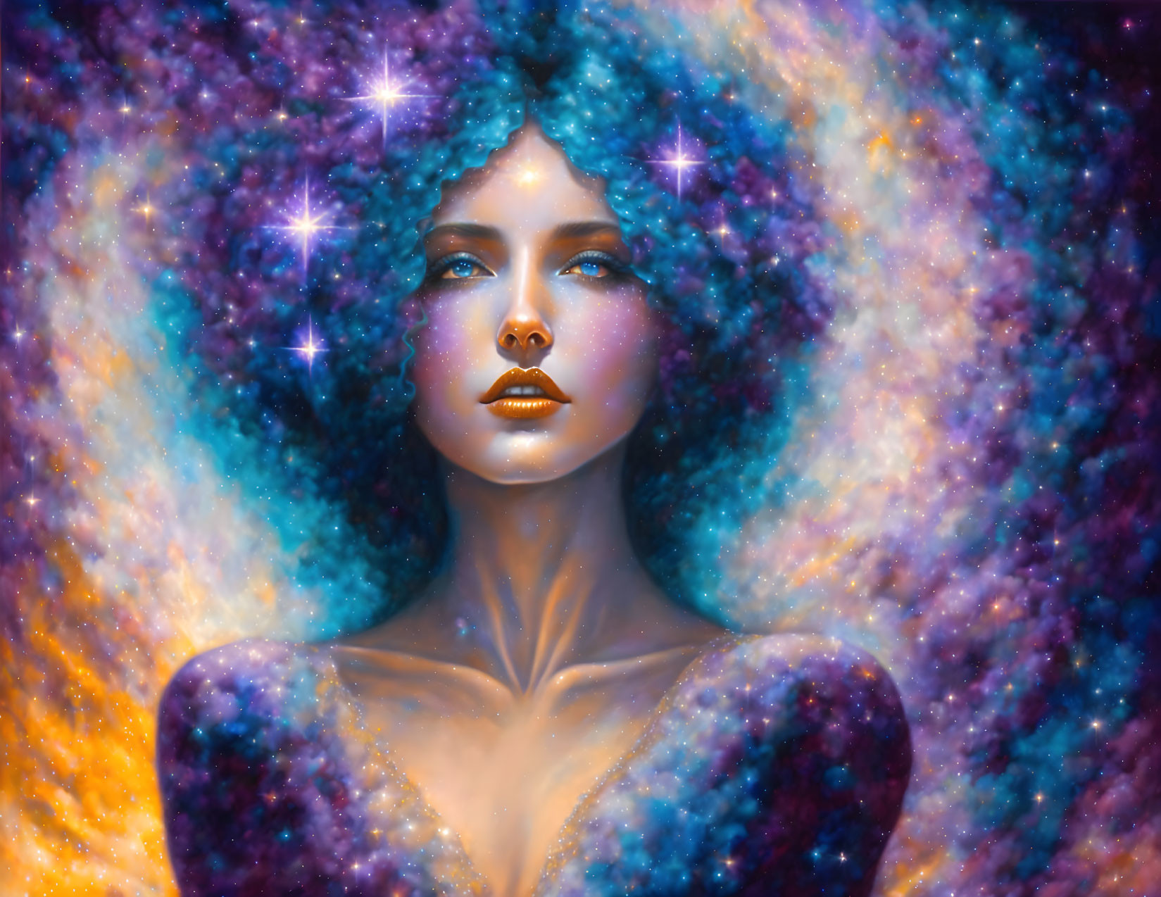 Cosmic-themed digital artwork of a woman with starry features