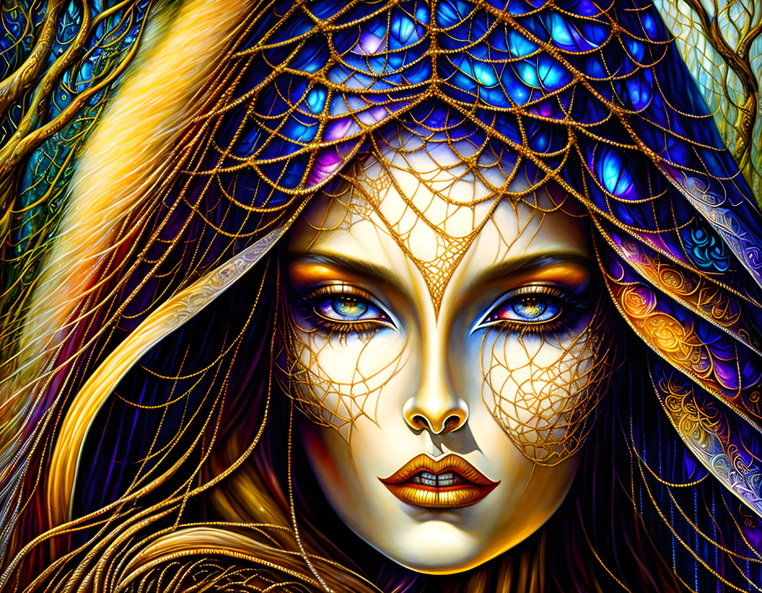 Colorful digital artwork: Woman with peacock feather hair & golden face patterns