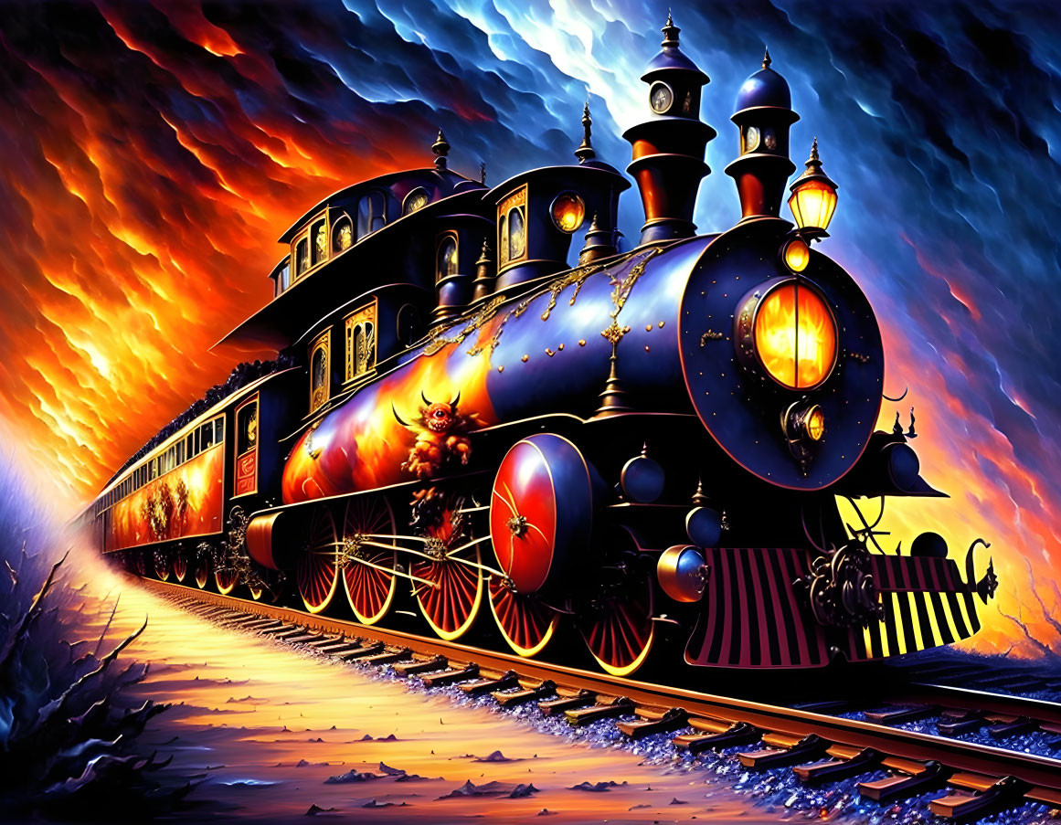 Ornate vintage train illustration with gold details on fiery sky backdrop