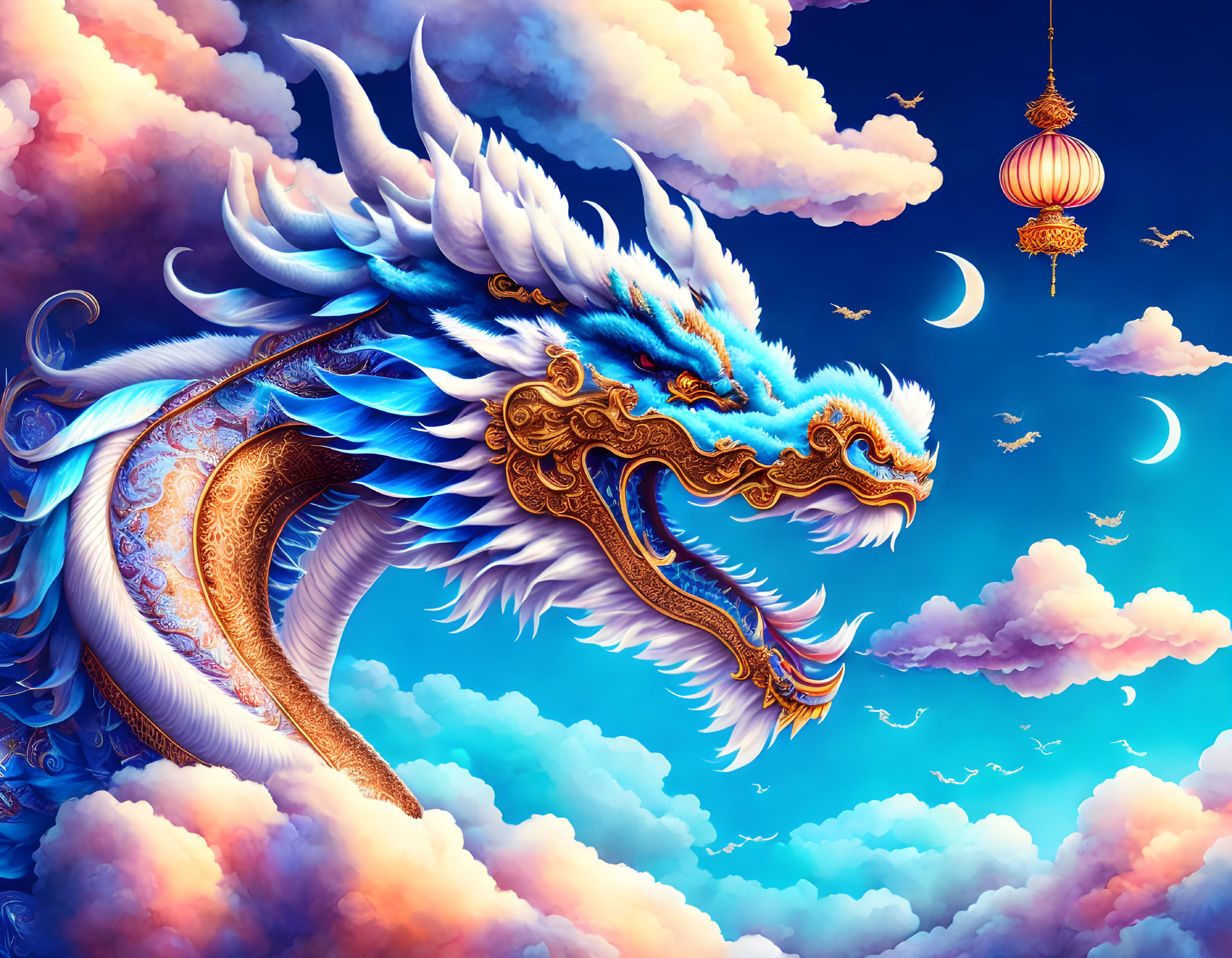 Majestic dragon illustration with intricate patterns in sky