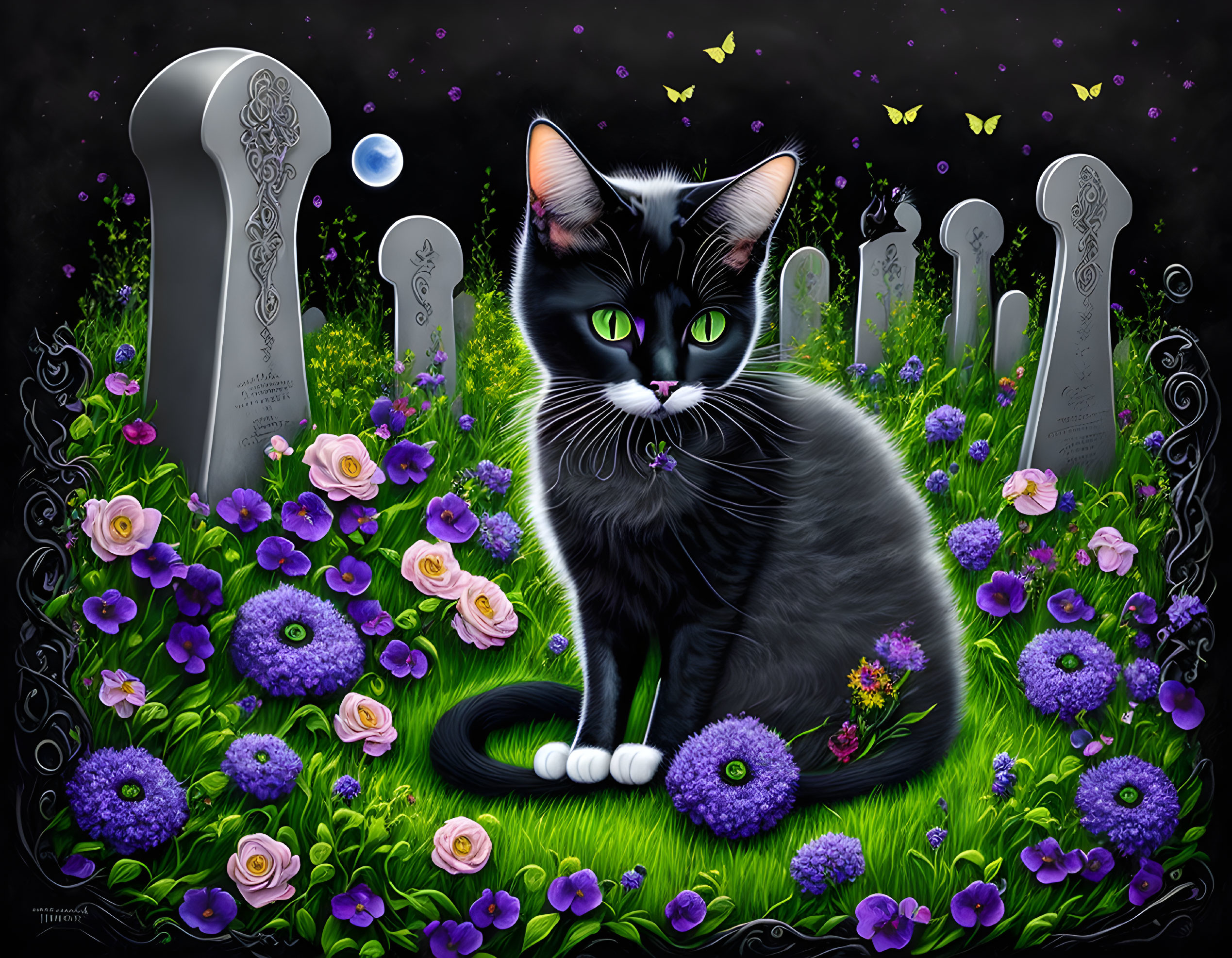 Black Cat with Green Eyes in Whimsical Nighttime Graveyard