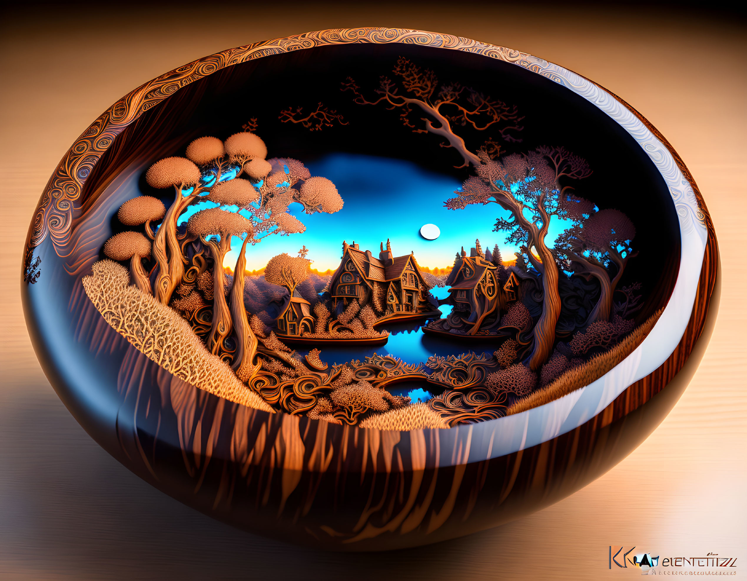 Miniature Fantasy Landscape in Wooden Bowl: 3D Art Piece with Trees, House, and Moon