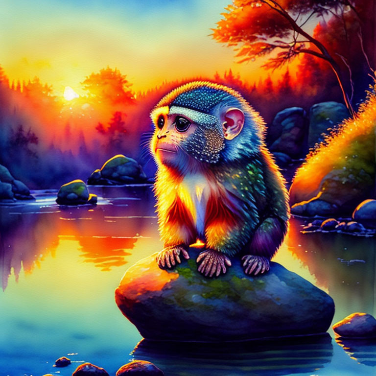 Vibrant monkey artwork by calm river at sunset