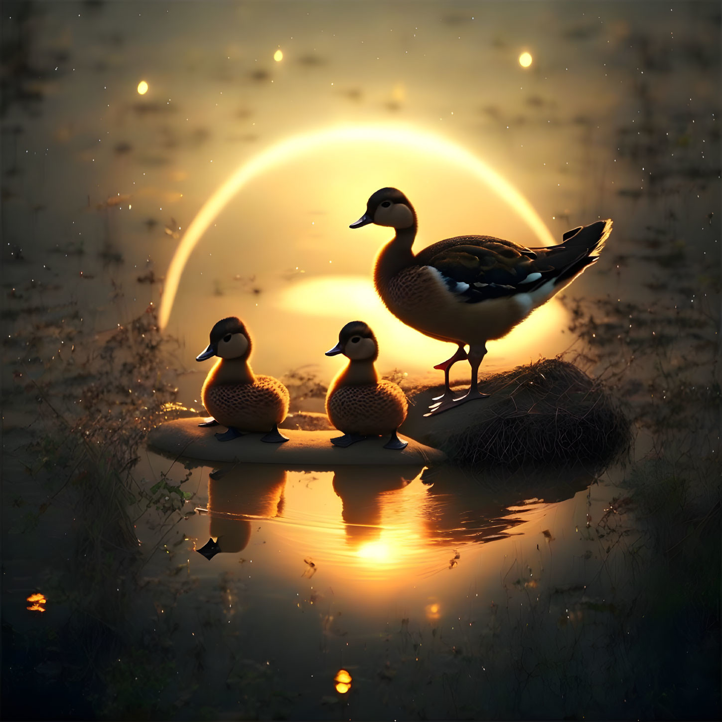 Tranquil pond scene with three ducks at sunset