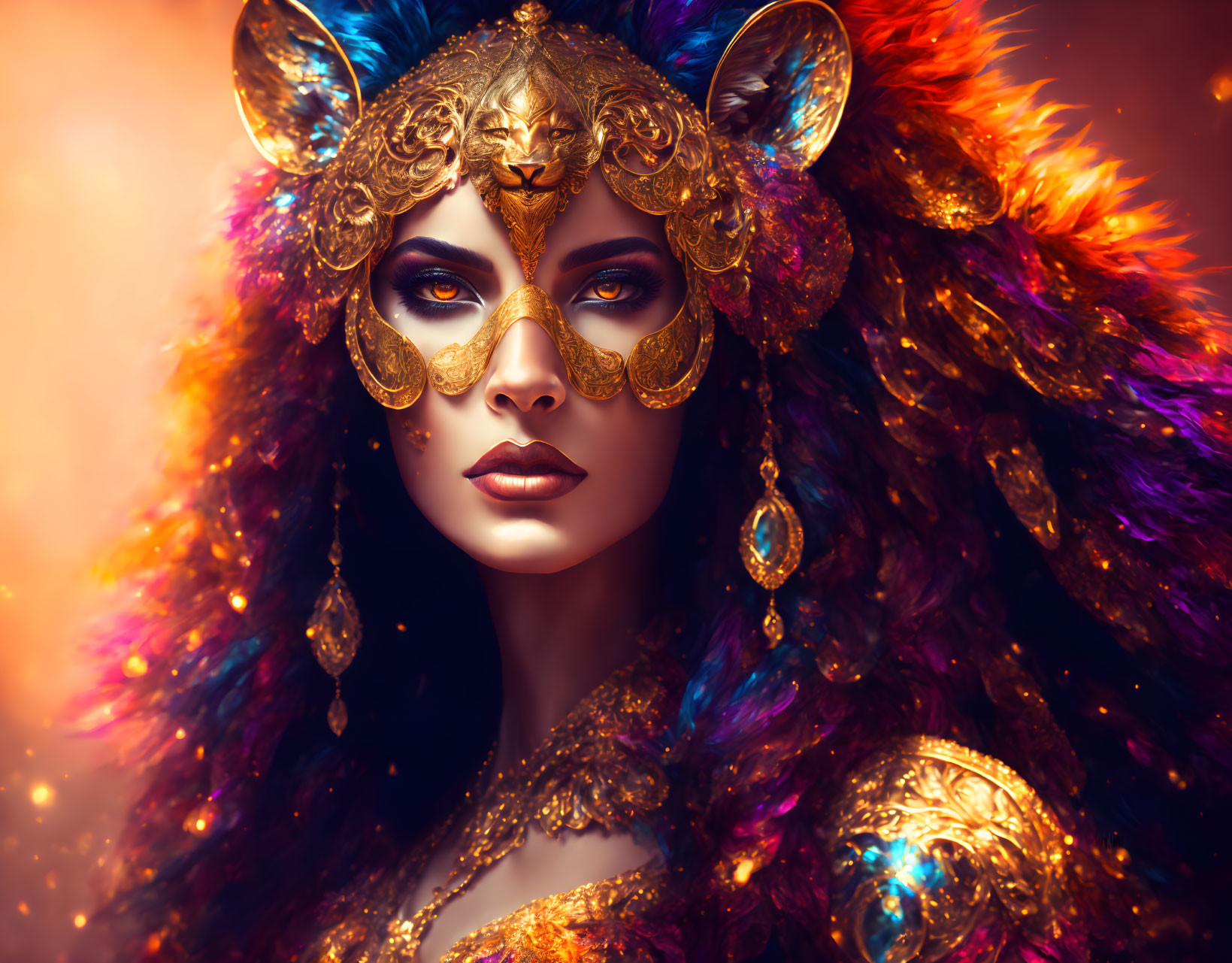 Woman with Golden Mask and Striking Makeup in Colorful Bokeh Background