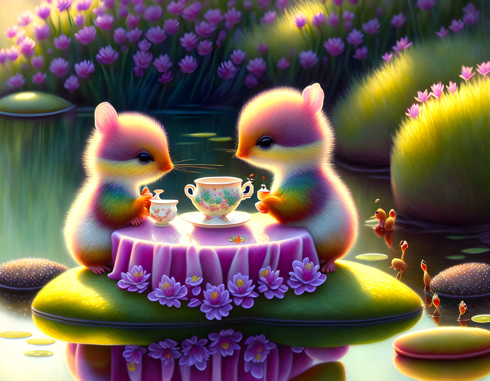 Adorable ducklings tea party on lily pad with flowers in pond