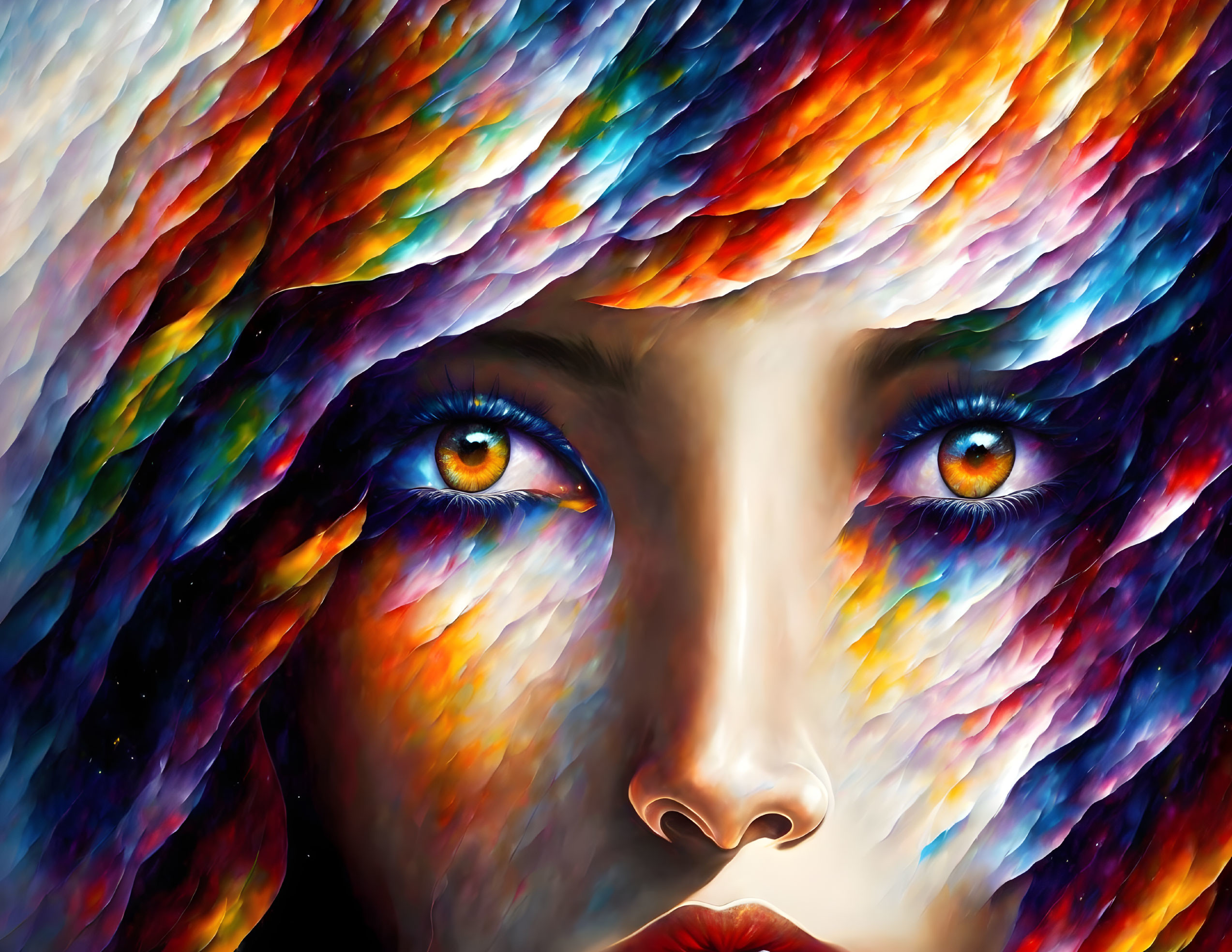 Colorful portrait: Woman with orange eyes and rainbow hair.