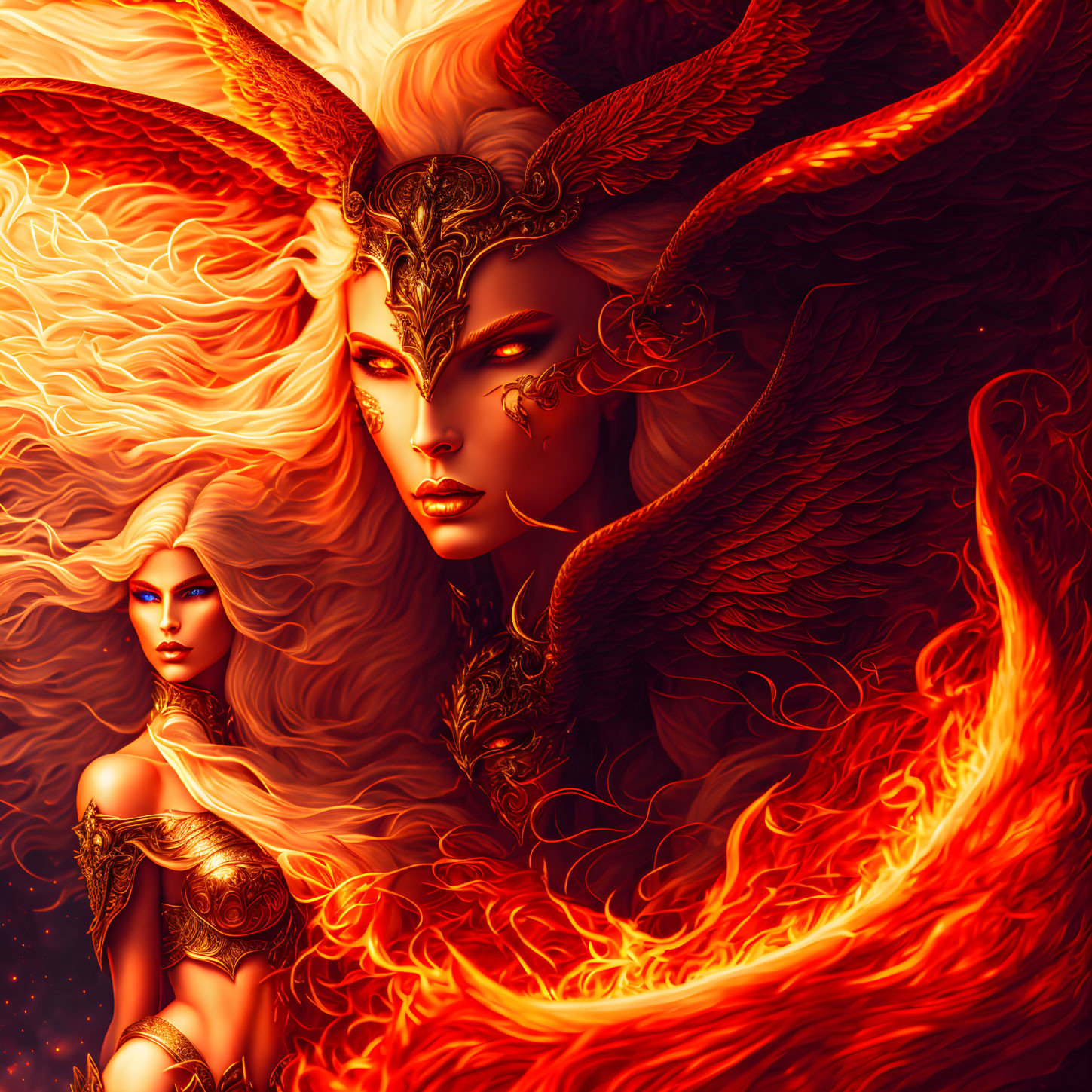 Fantasy characters in golden armor with fiery wings on vibrant background