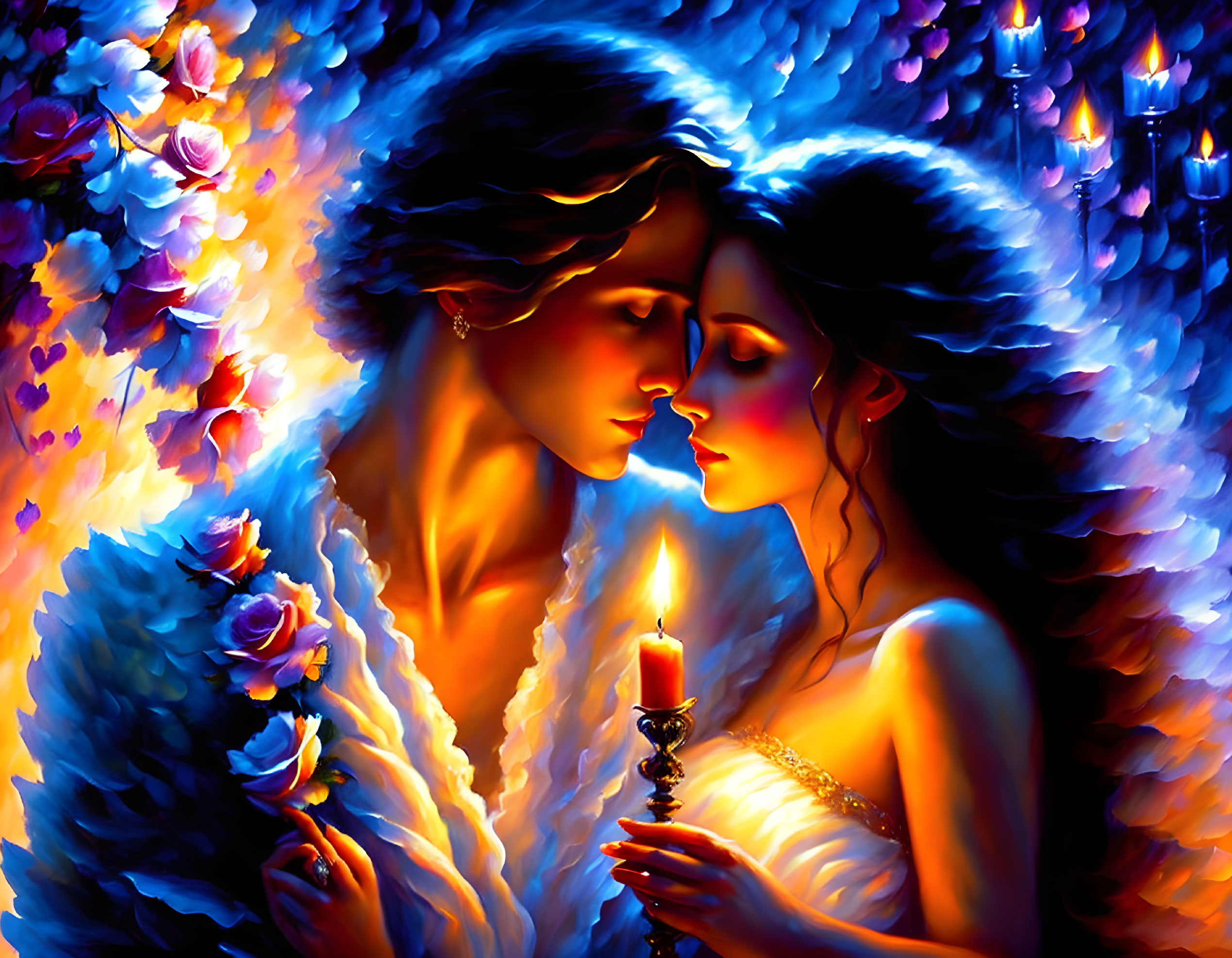 Romantic couple surrounded by roses and candlelight