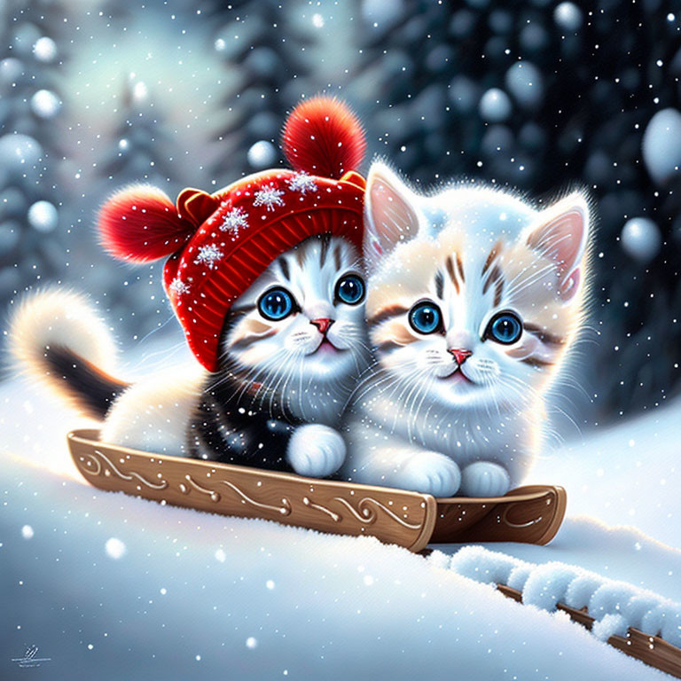 Two cute kittens in red beanie on sled in snowfall