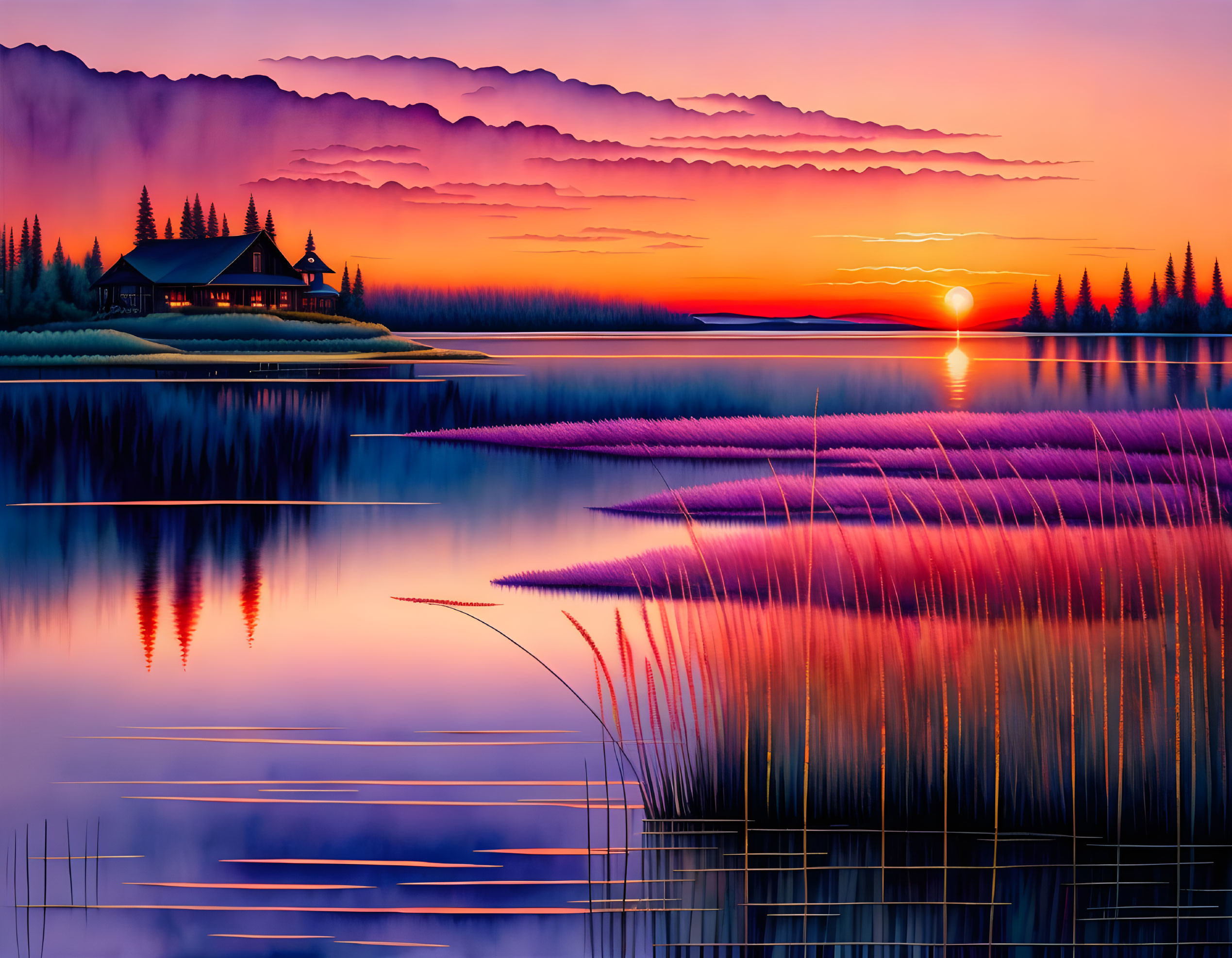 Scenic sunset with purple hues over a tranquil lake and silhouetted cabin.