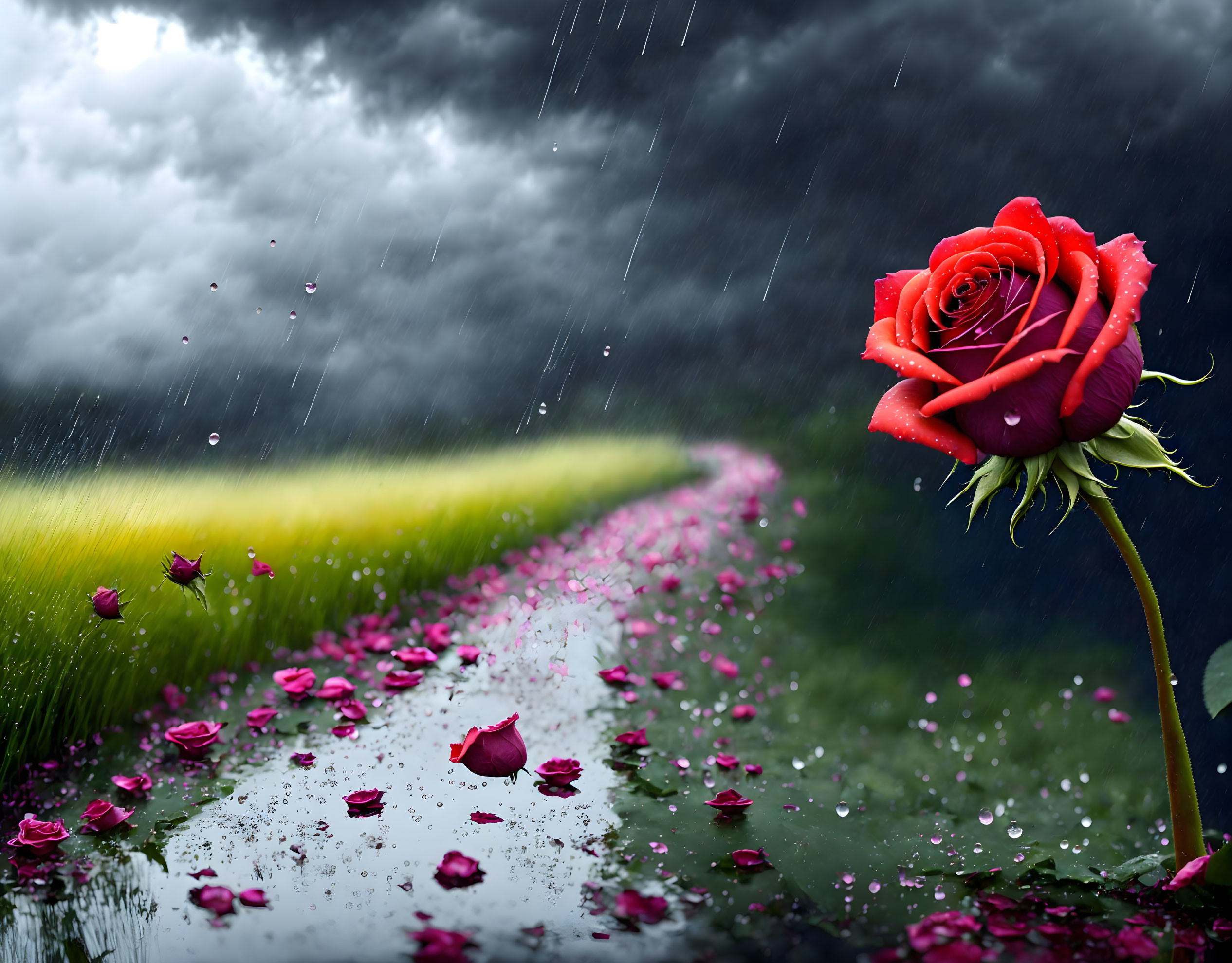 Vibrant red rose petals on wet path under stormy sky