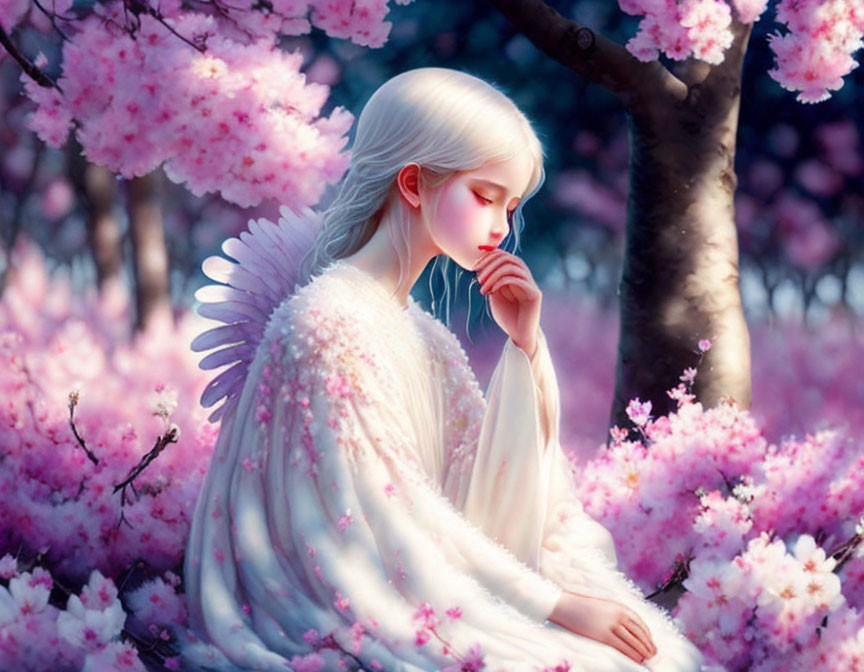 Illustrated angel under pink blossoming trees in contemplation