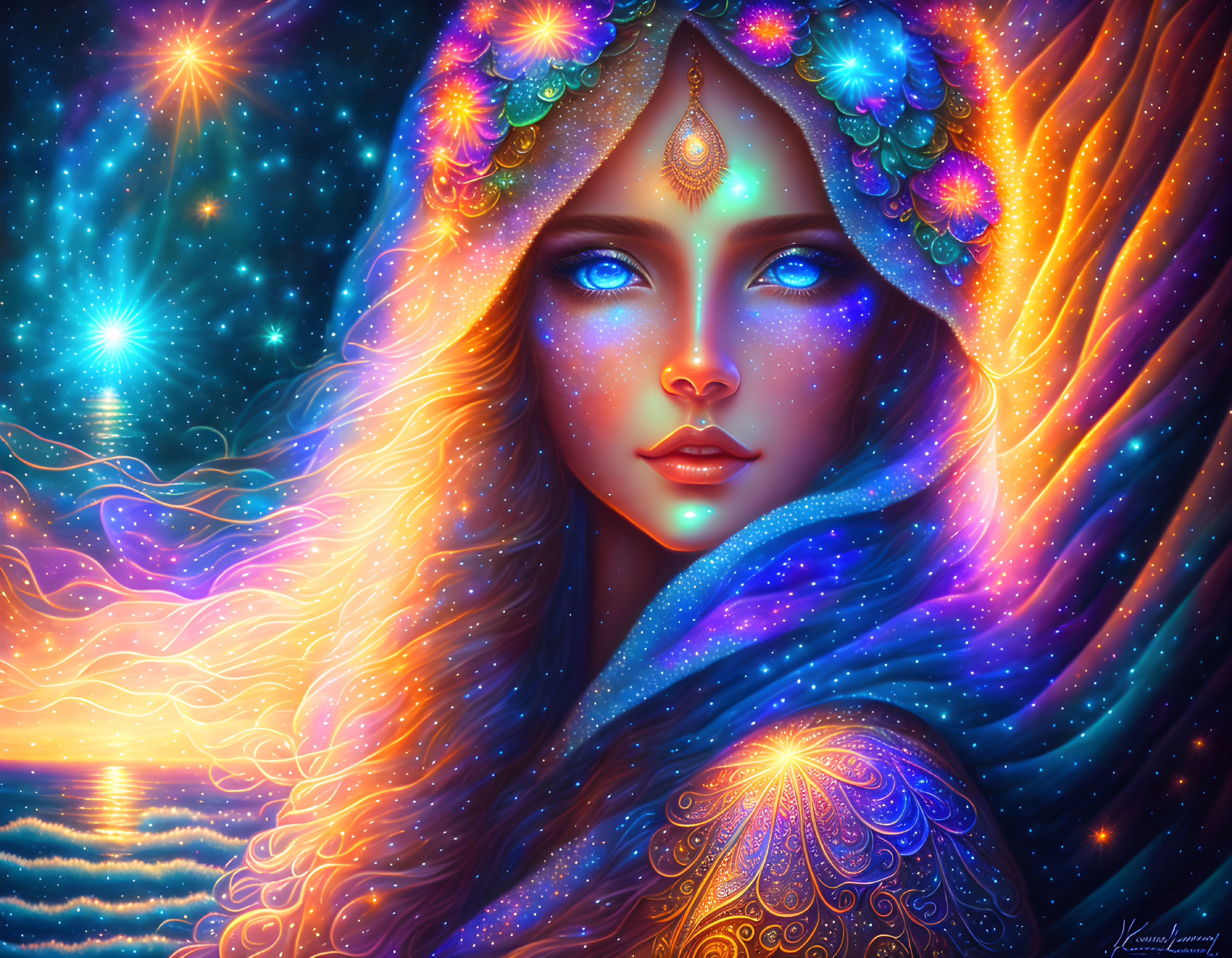 Blue-skinned celestial woman with flowing hair and cosmic background