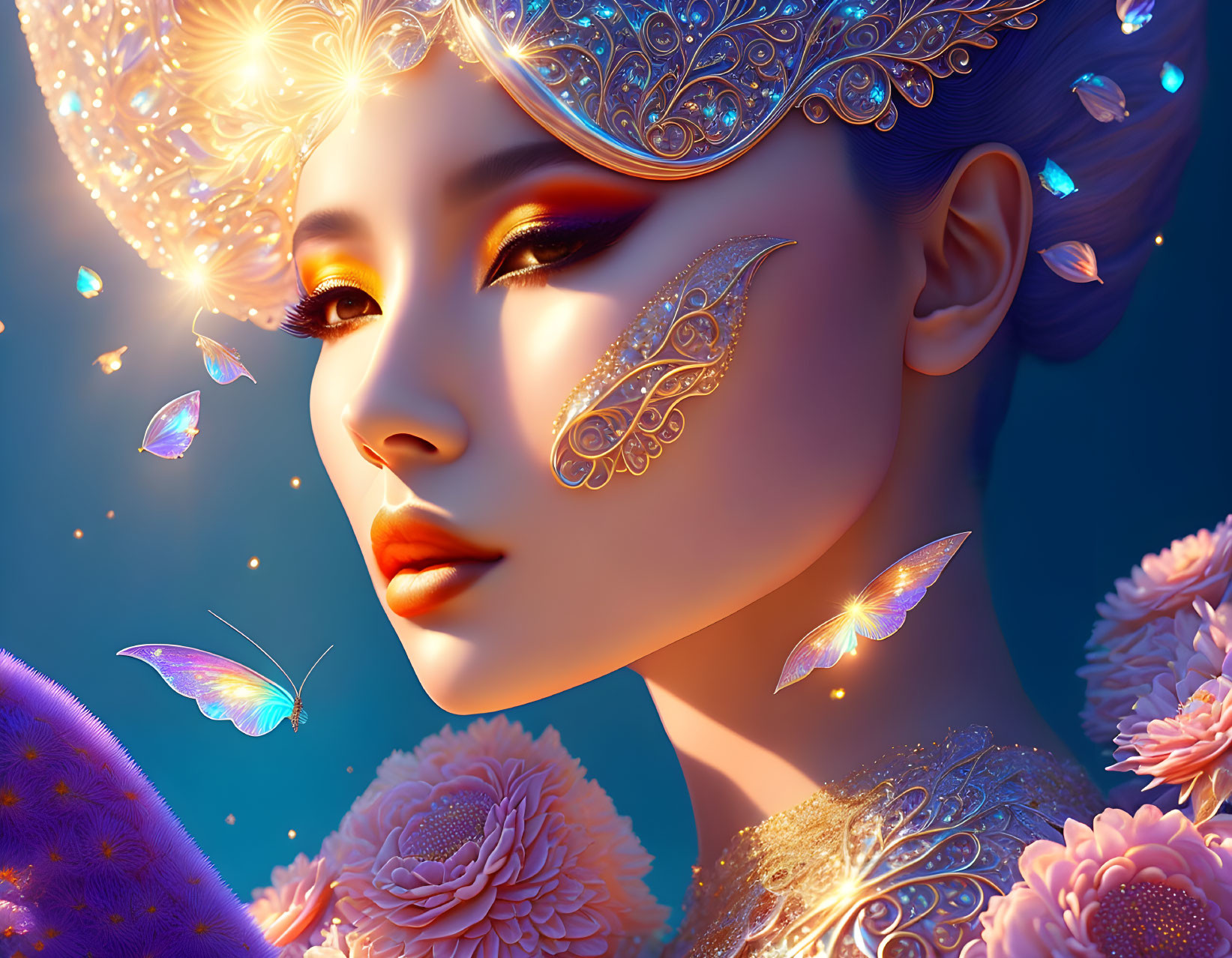 Digital artwork: Woman with golden facial adornments, butterflies, and flowers.