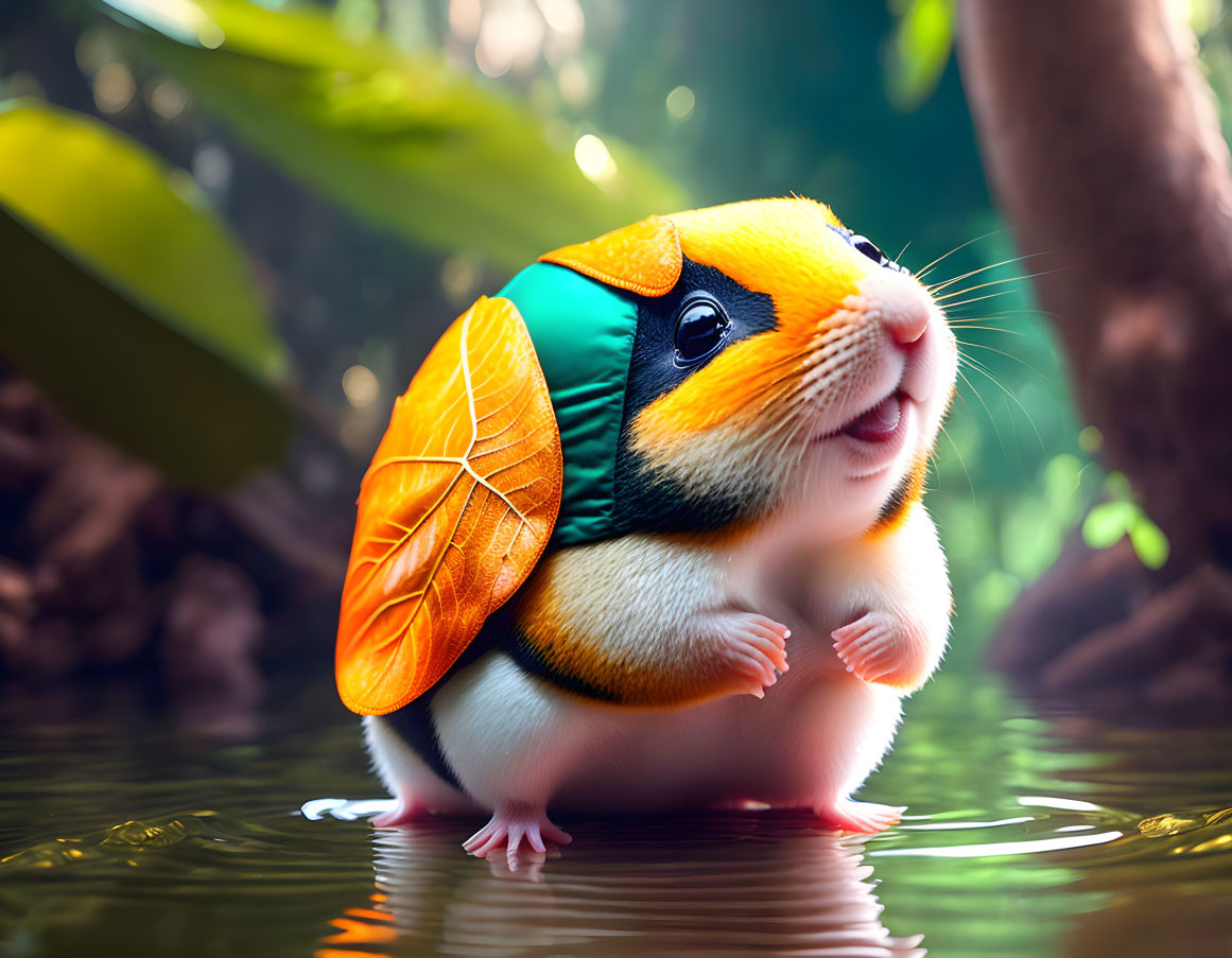 Colorful chubby rodent with leaf ear in water