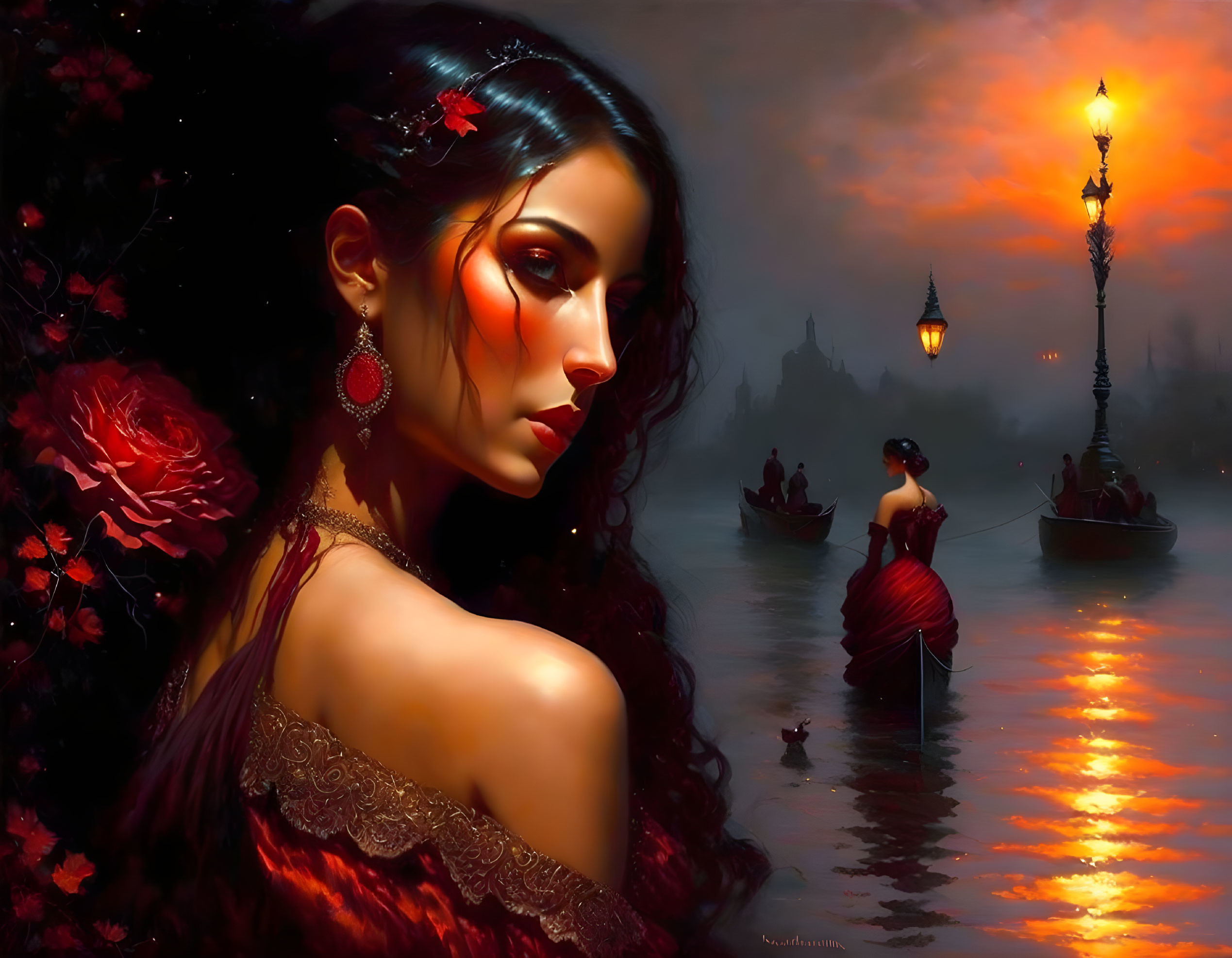 Digital painting of woman in red dress by lamplit river with gondolas