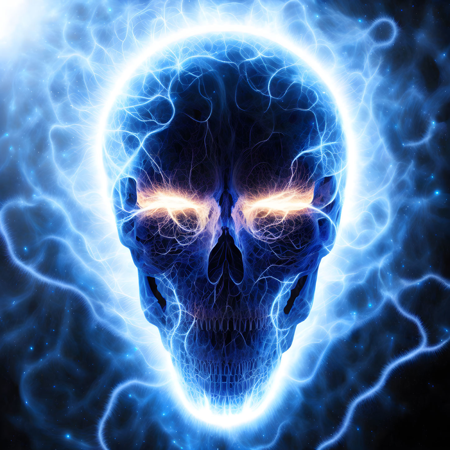 Glowing blue skull with electric energy and halo effect