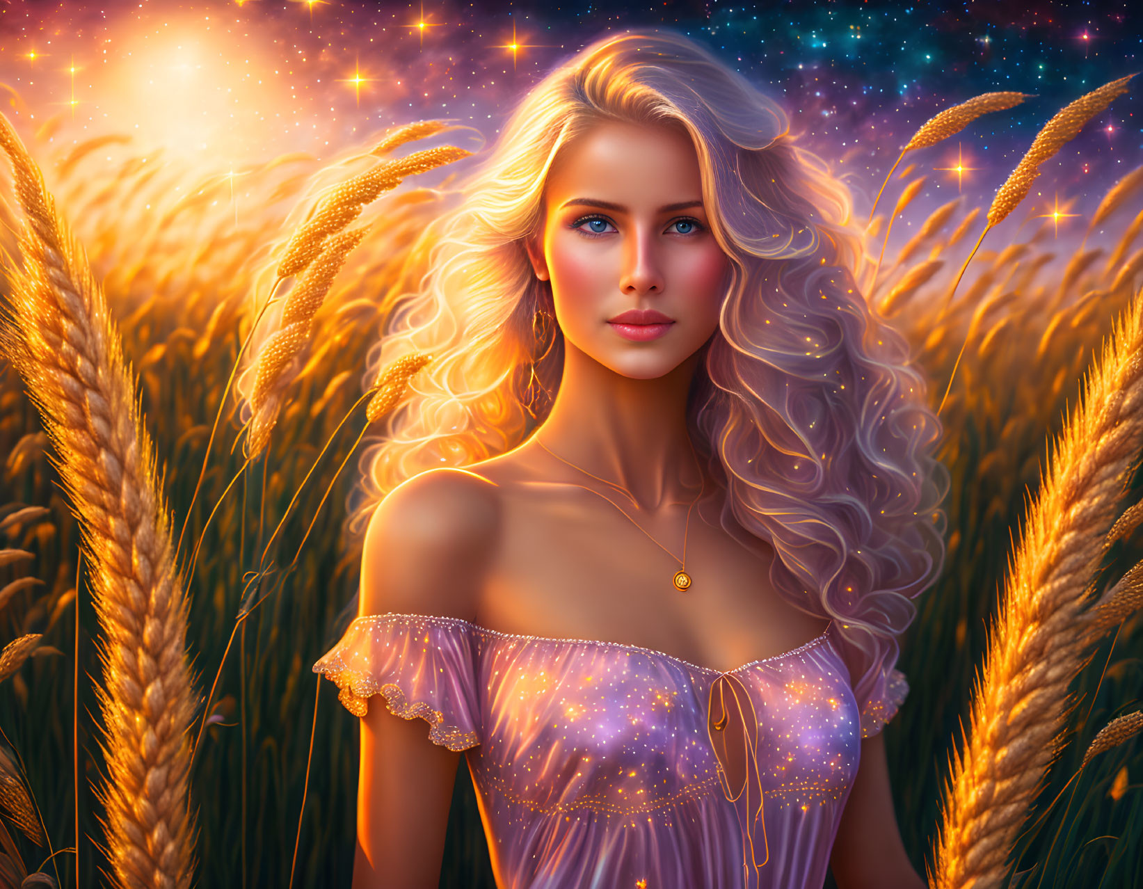 Blond Curly-Haired Woman in Purple Dress in Wheat Field at Sunset