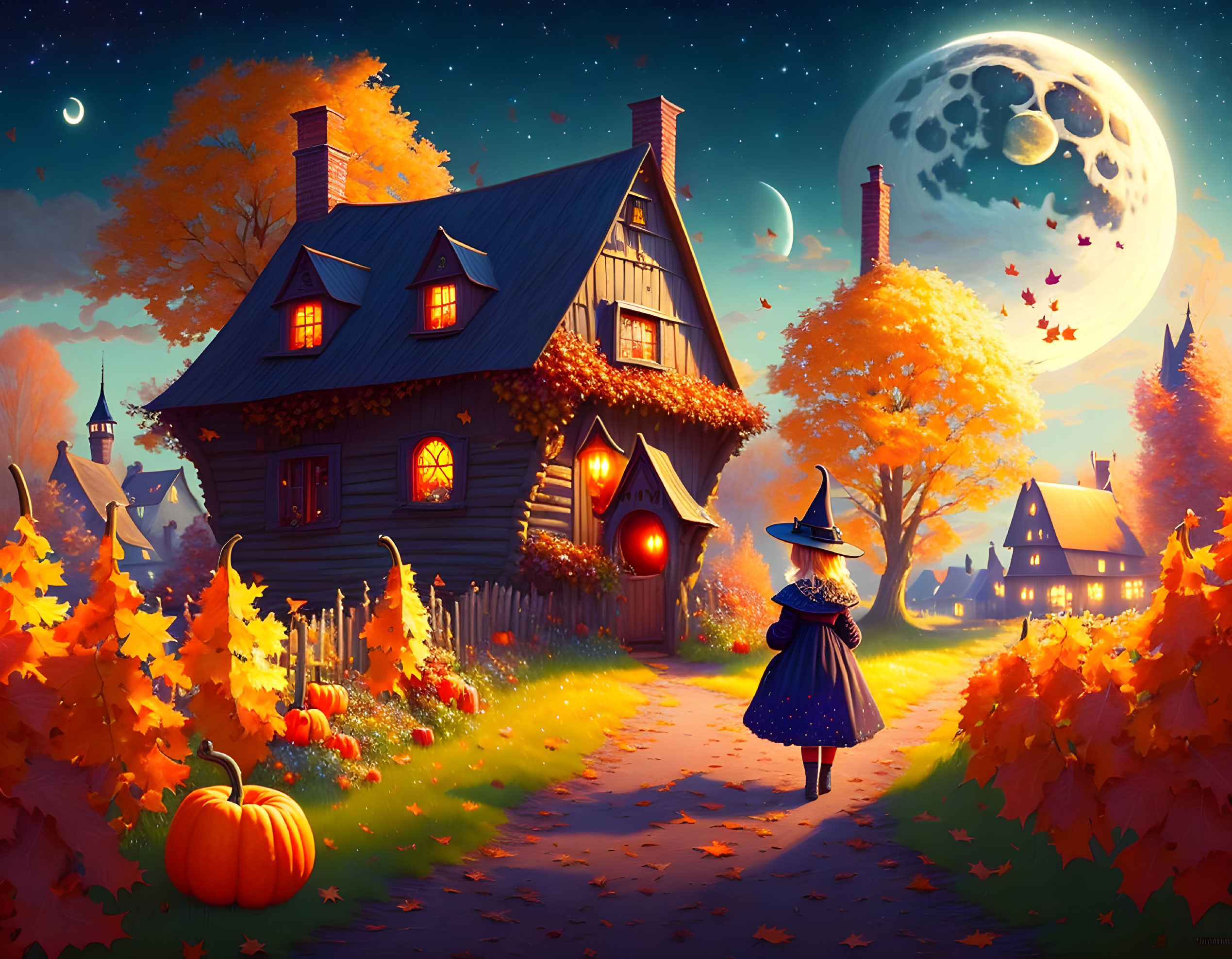 Person in Witch Costume Approaching Cozy Cottage in Autumn Night