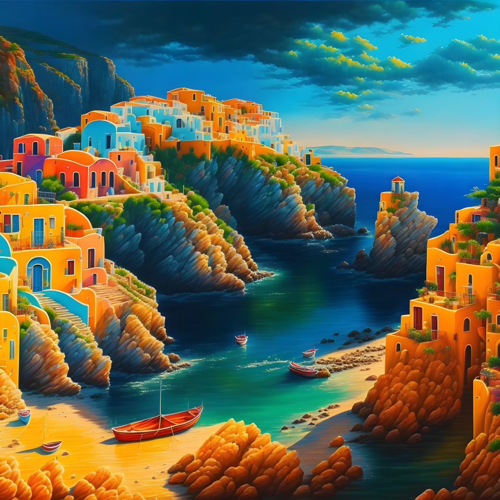 Colorful Mediterranean cliffside village painting overlooking blue bay