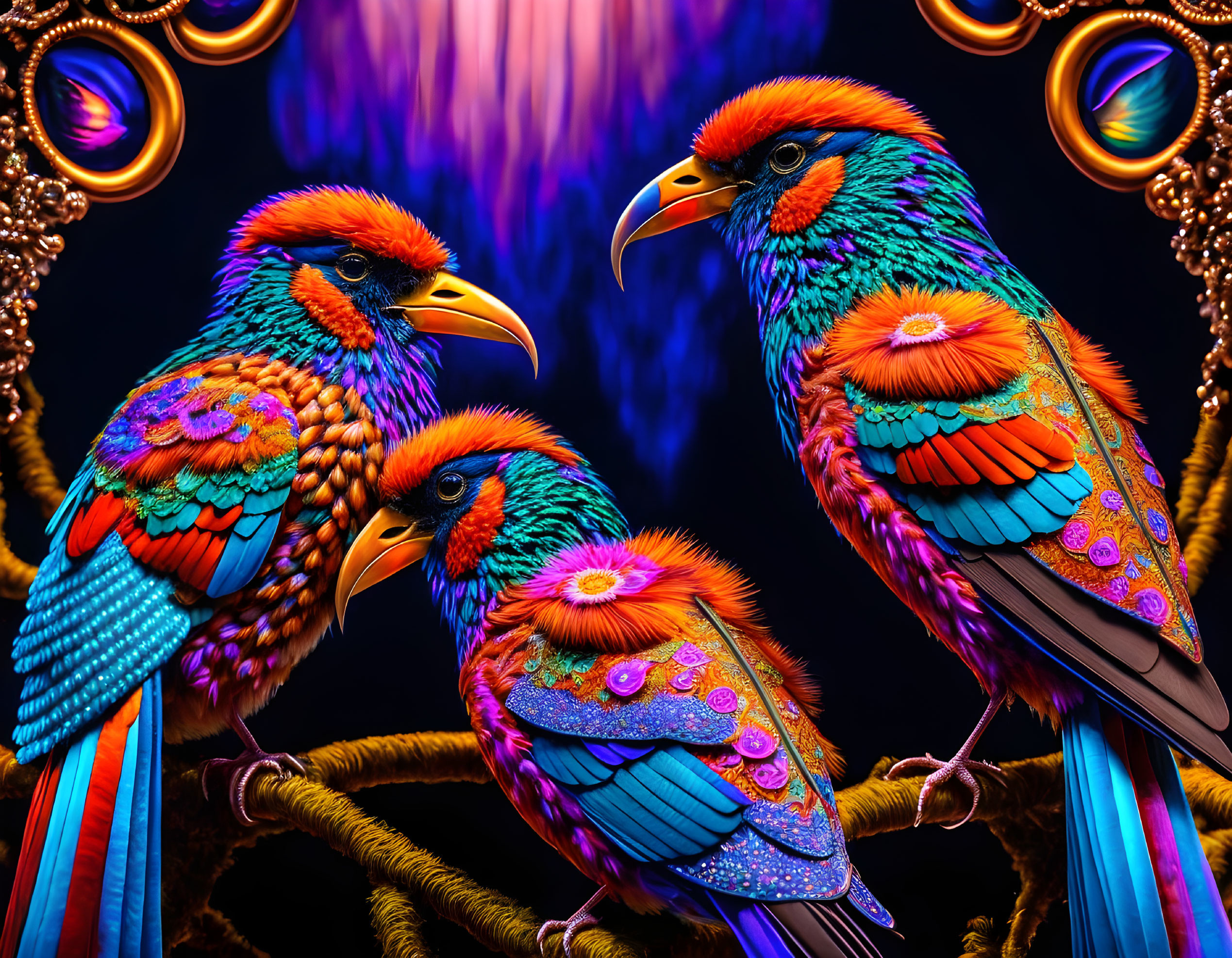 Colorful Birds with Detailed Feathers Perched on Branches in Mystical Setting