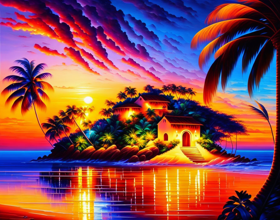 Tropical island sunset with vibrant skies and palm tree silhouette