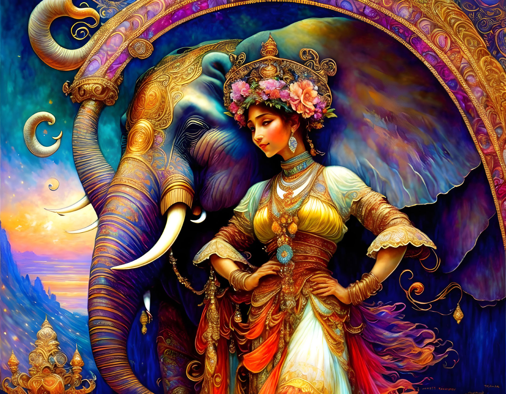 Colorful Artwork: Woman in Traditional Attire with Elephant and Celestial Background