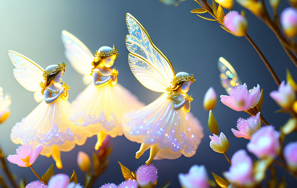 Ethereal fairies with translucent wings in pink blossoms on blue.