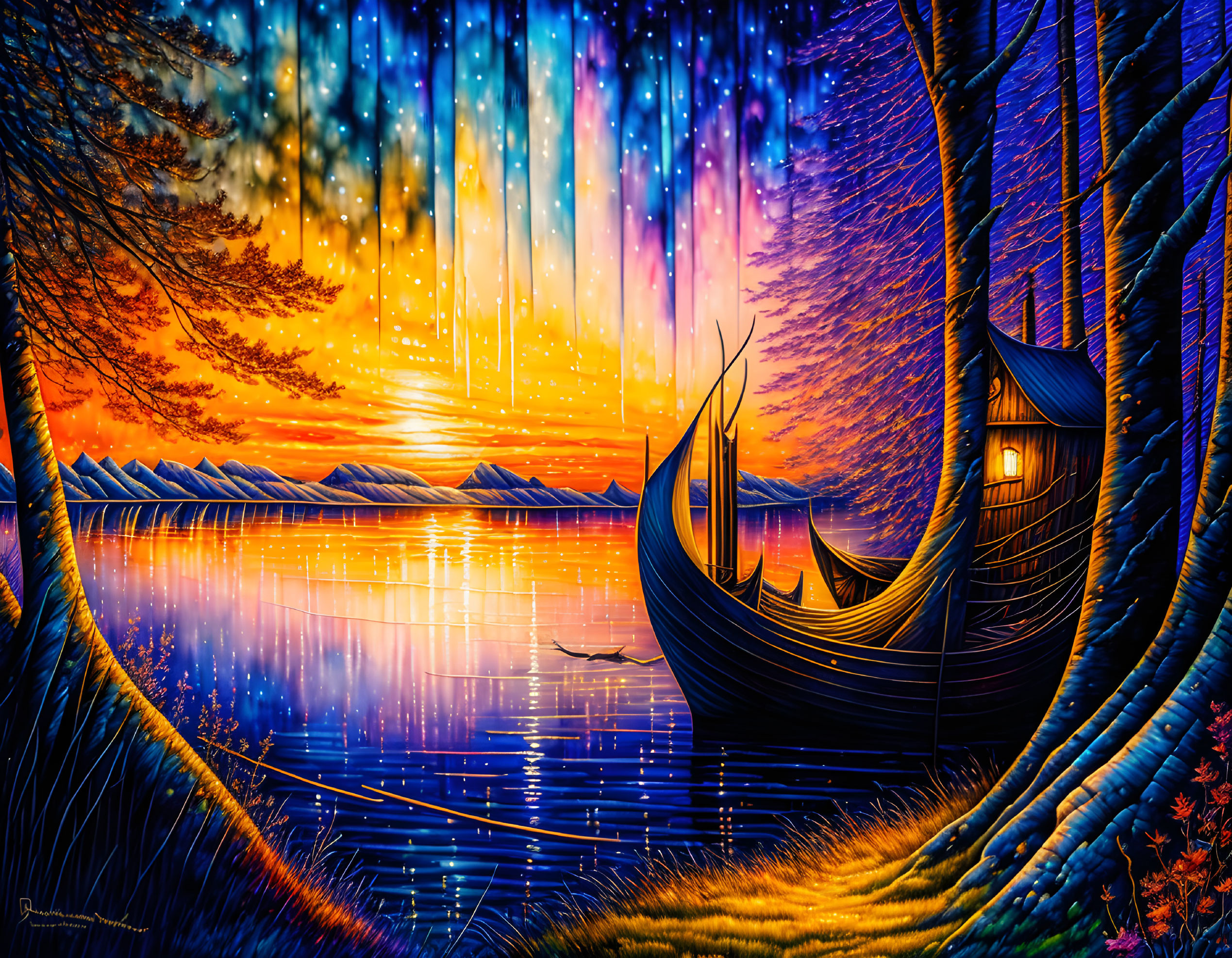 Digital artwork of Viking ships on serene lake at sunset