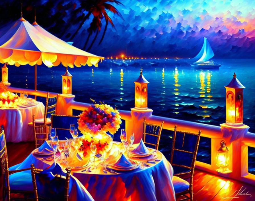 Elegant seaside evening scene with tables under canopies, lanterns, and sailboat.