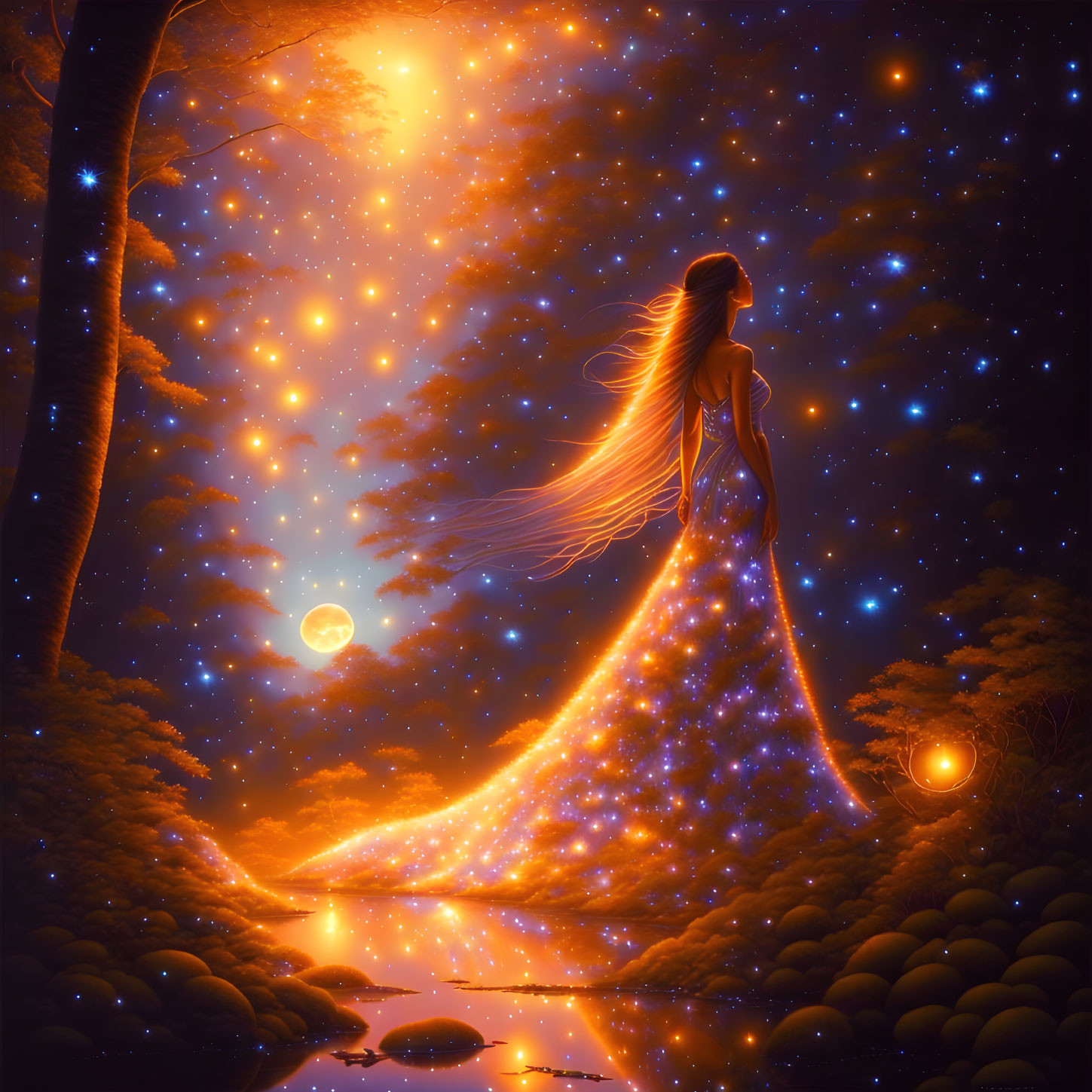 Mystical female figure in starry gown by forest stream