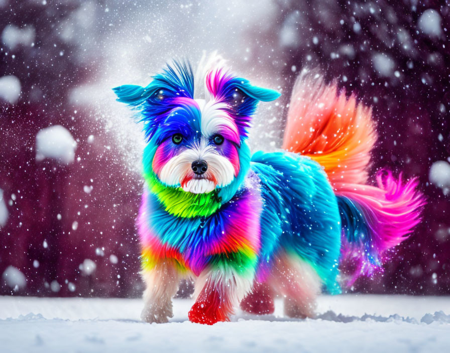 Vibrant Rainbow Dog in Snow with Falling Snowflakes