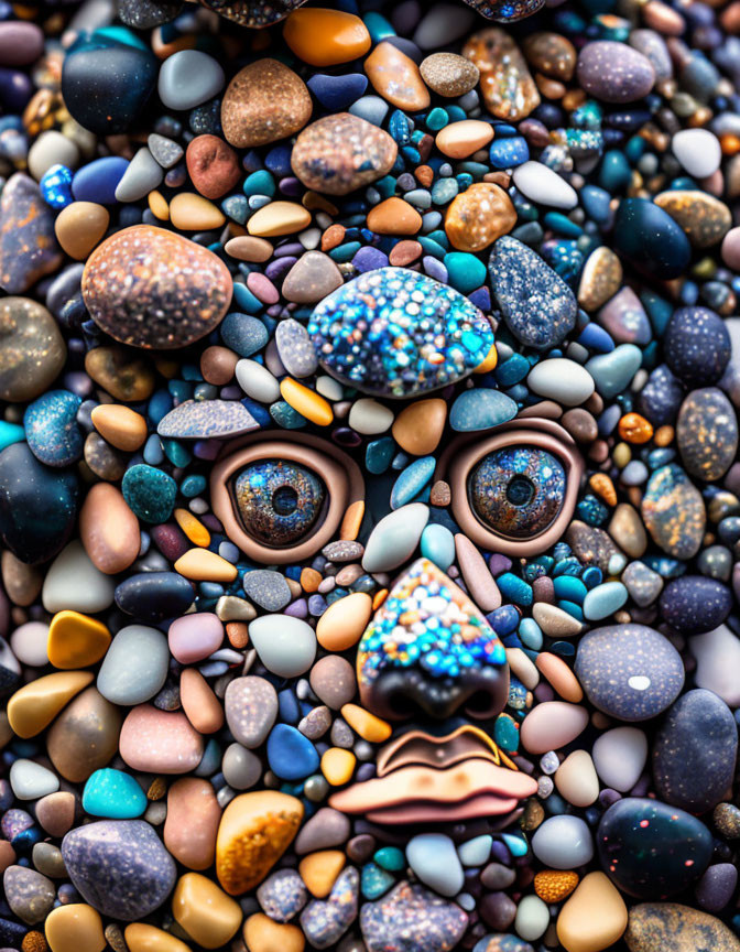 Vibrant face hidden in multicolored pebbles art display