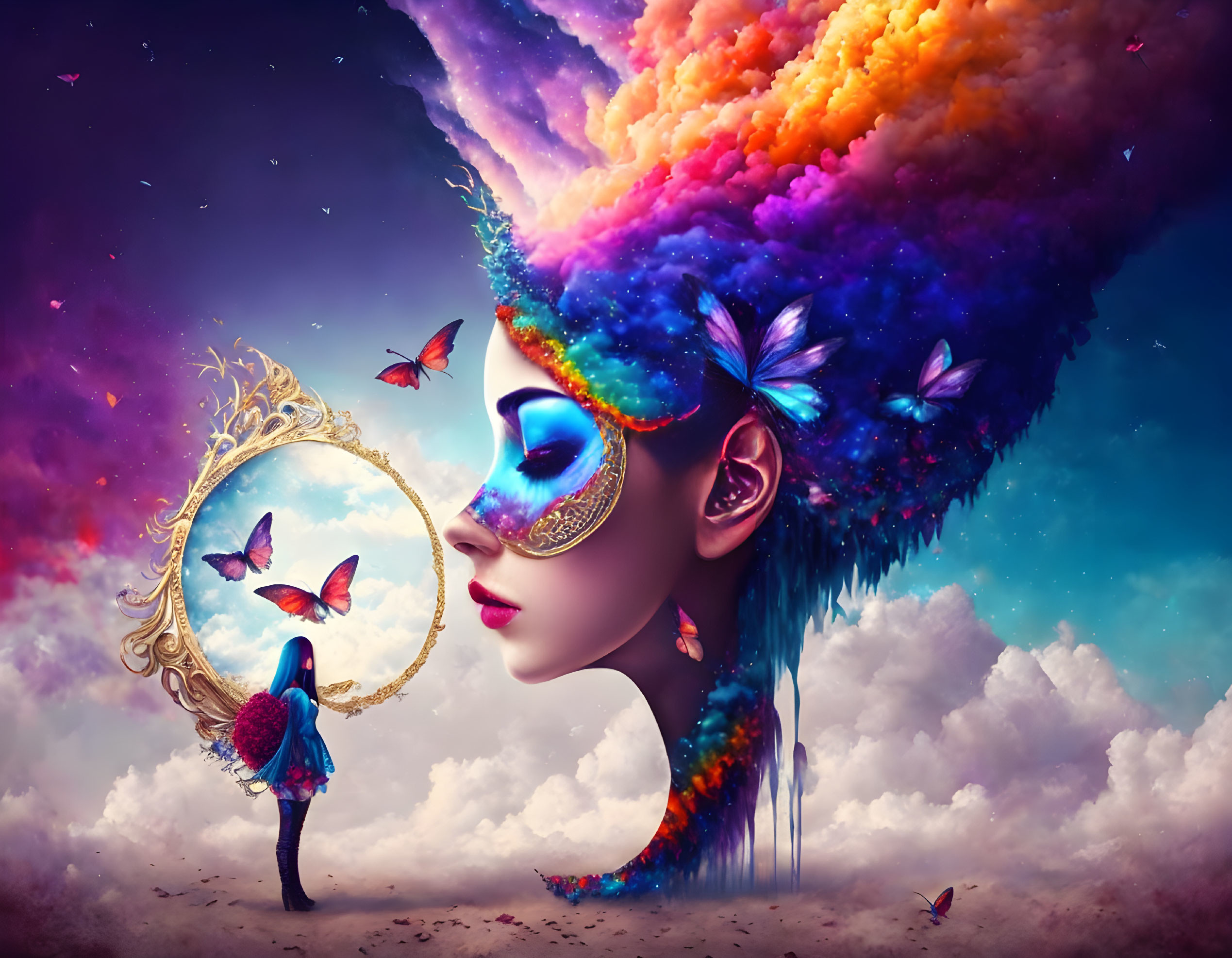 Colorful digital artwork: woman's side profile with headdress & butterflies