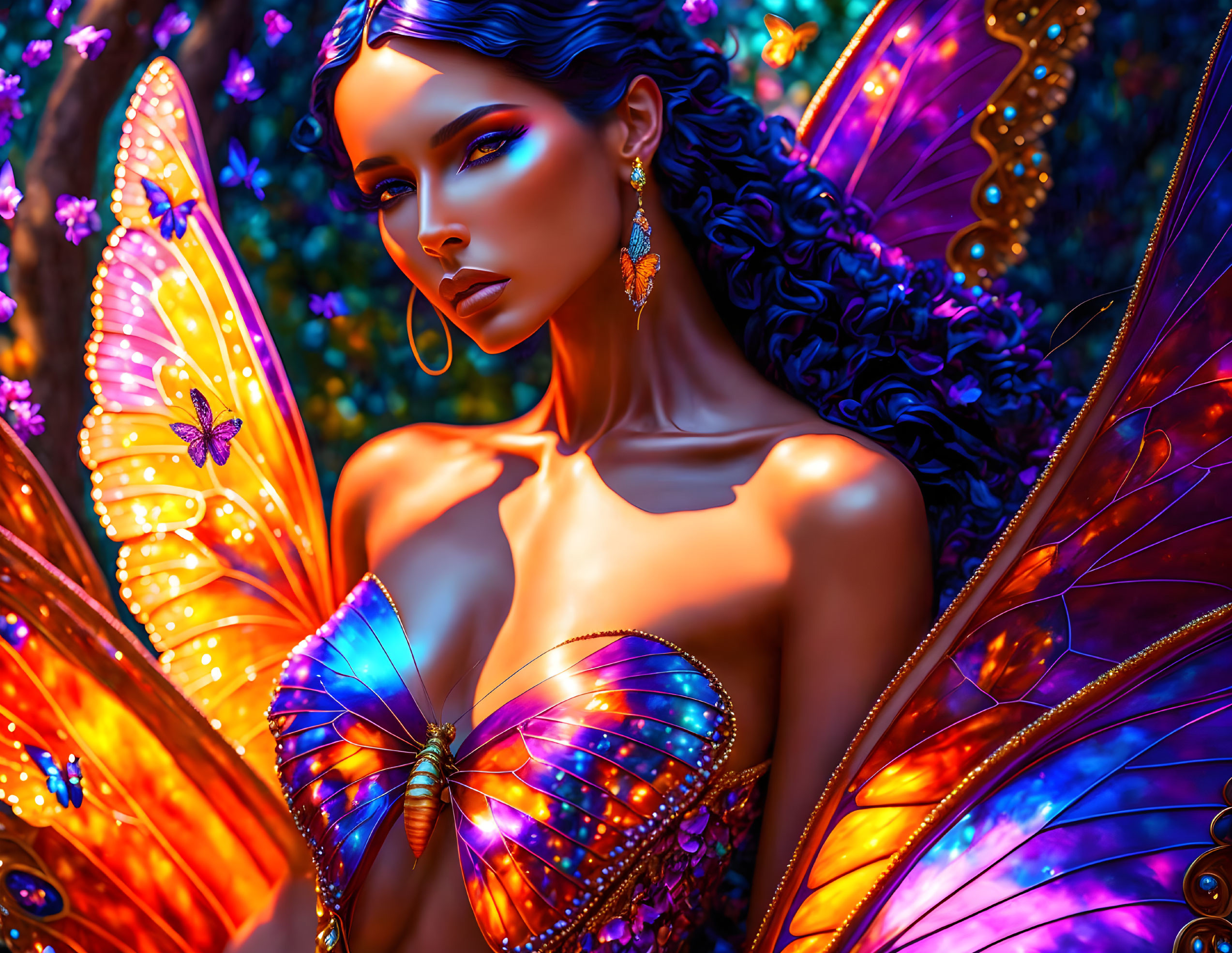 Colorful artwork of a woman with butterfly wings in iridescent attire and butterfly earrings