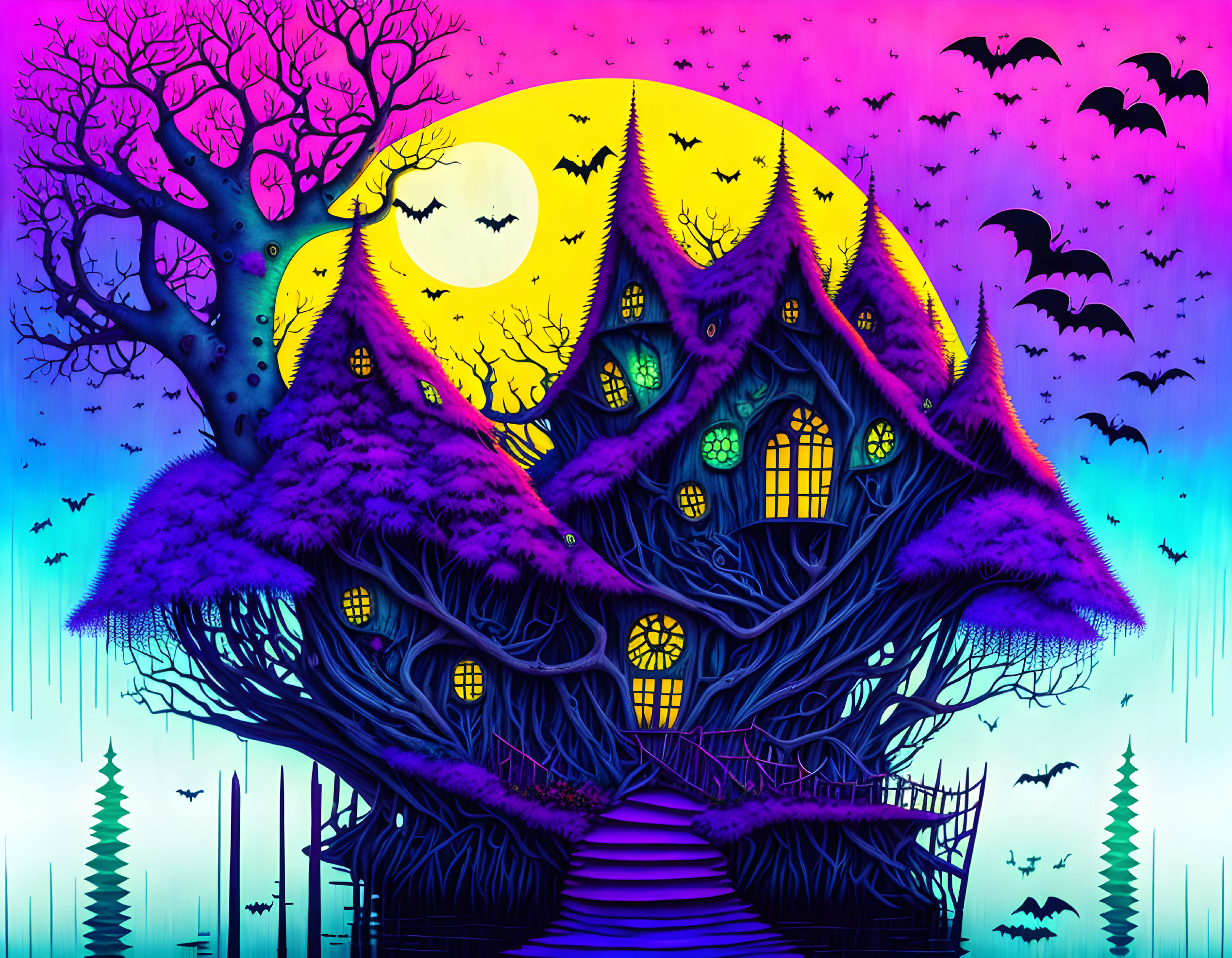 Illustration of haunted house with purple trees, bats, and full moon