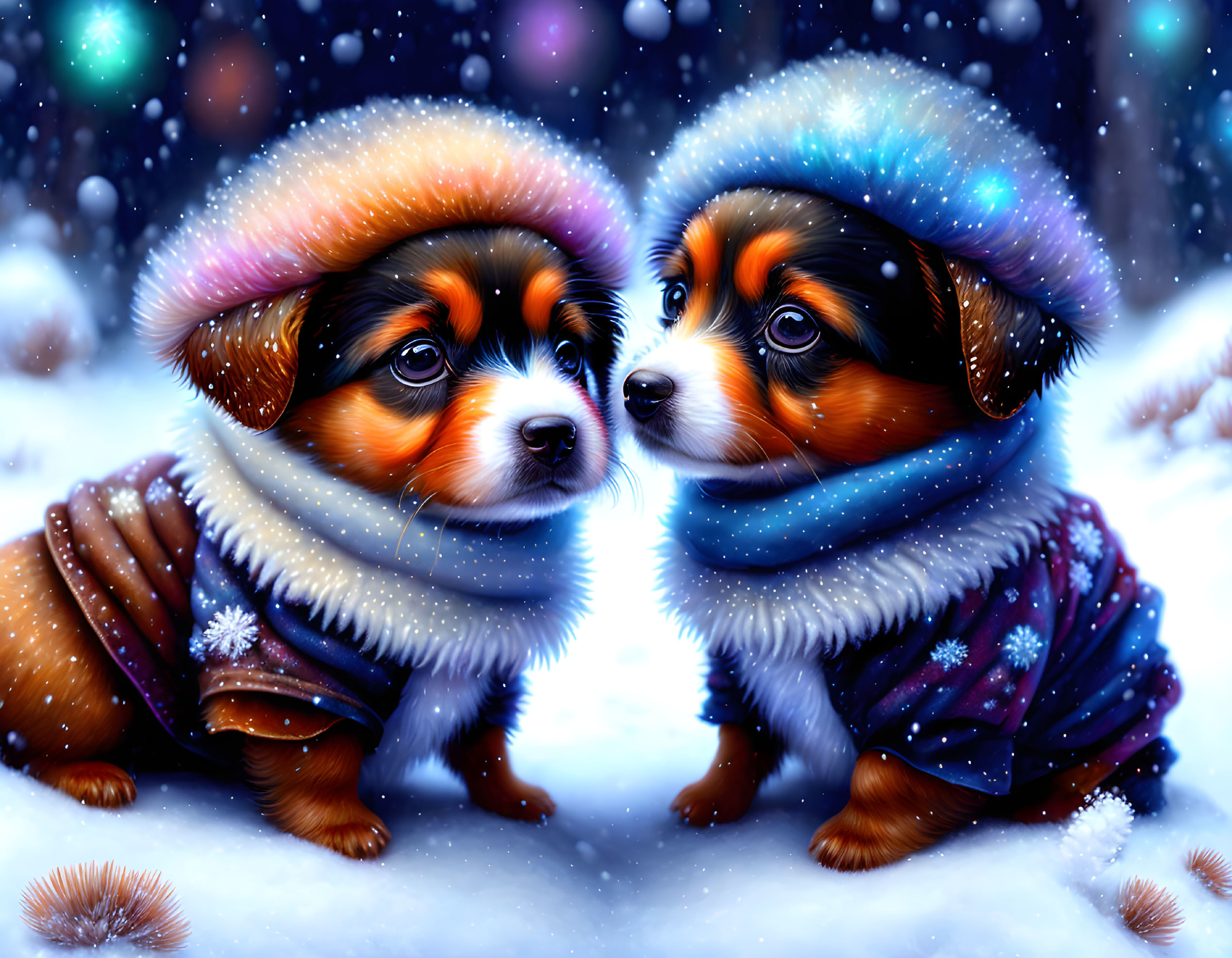 Adorable puppies in coats and hats in snowy scene