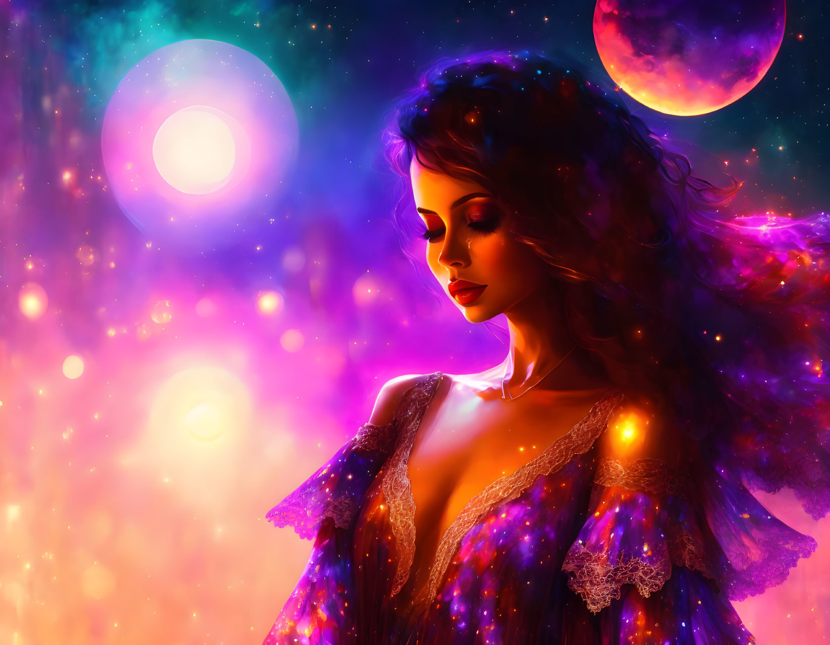 Digital artwork of woman in galaxy-themed attire with flowing hair against cosmic backdrop