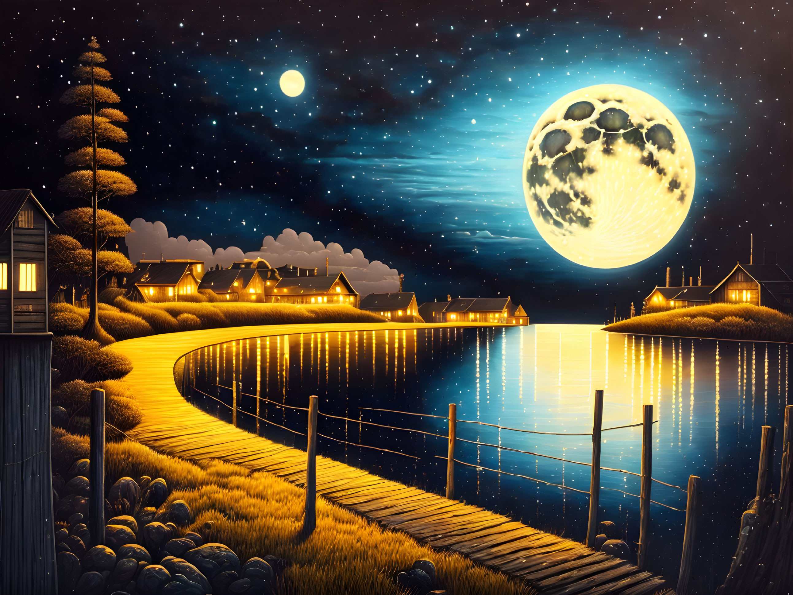 Tranquil night landscape: full moon, lake, lit houses, boardwalk, starry sky